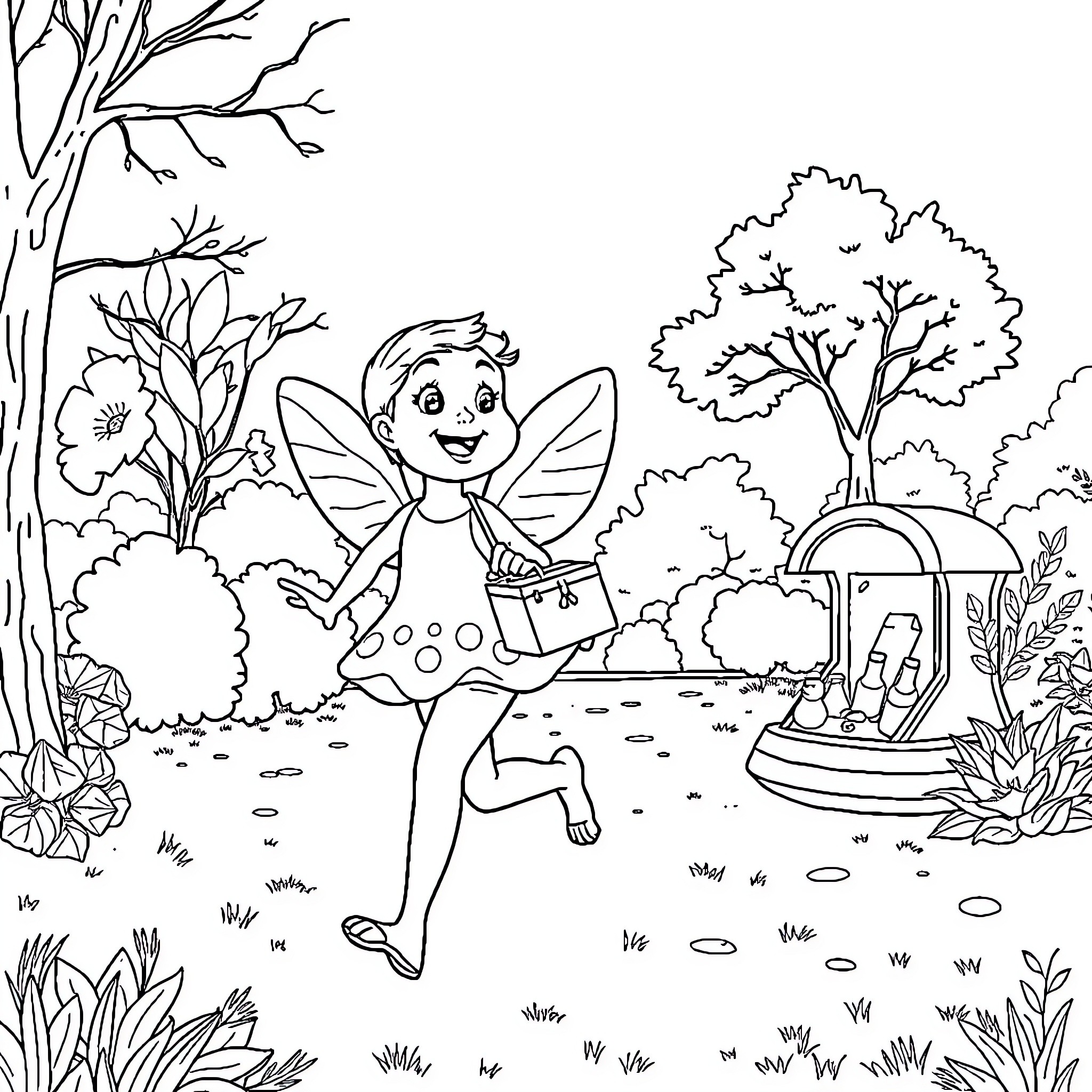 Fillette exploring the enchanted garden Coloring Page (free black-and-white line drawing printable PDF for all, from beginners to advanced learners, including children, teens, adults, and seniors)