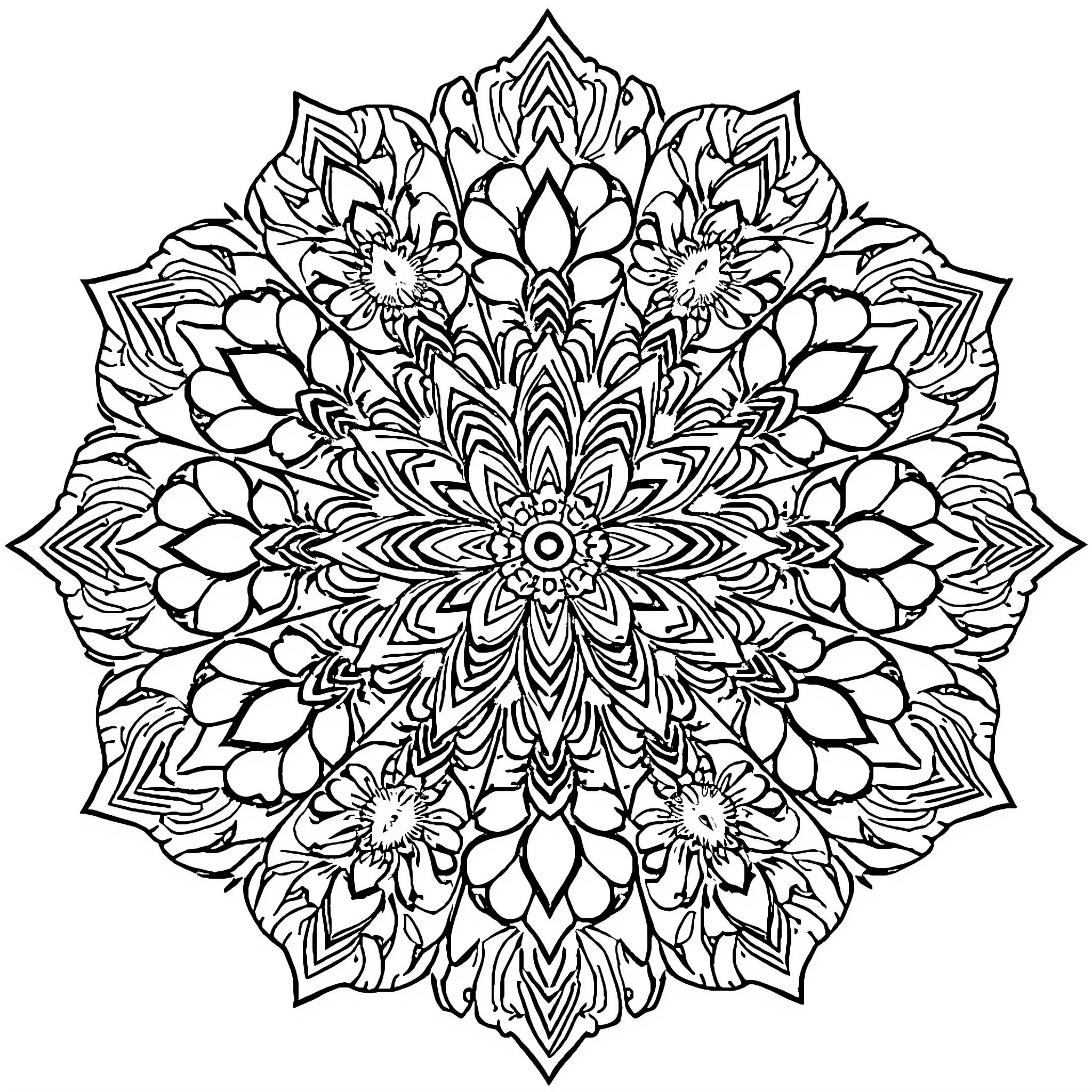 Mandalas of intricate floral patterns Coloring Page (free black-and-white line drawing printable PDF for all, from beginners to advanced learners, including children, teens, adults, and seniors)