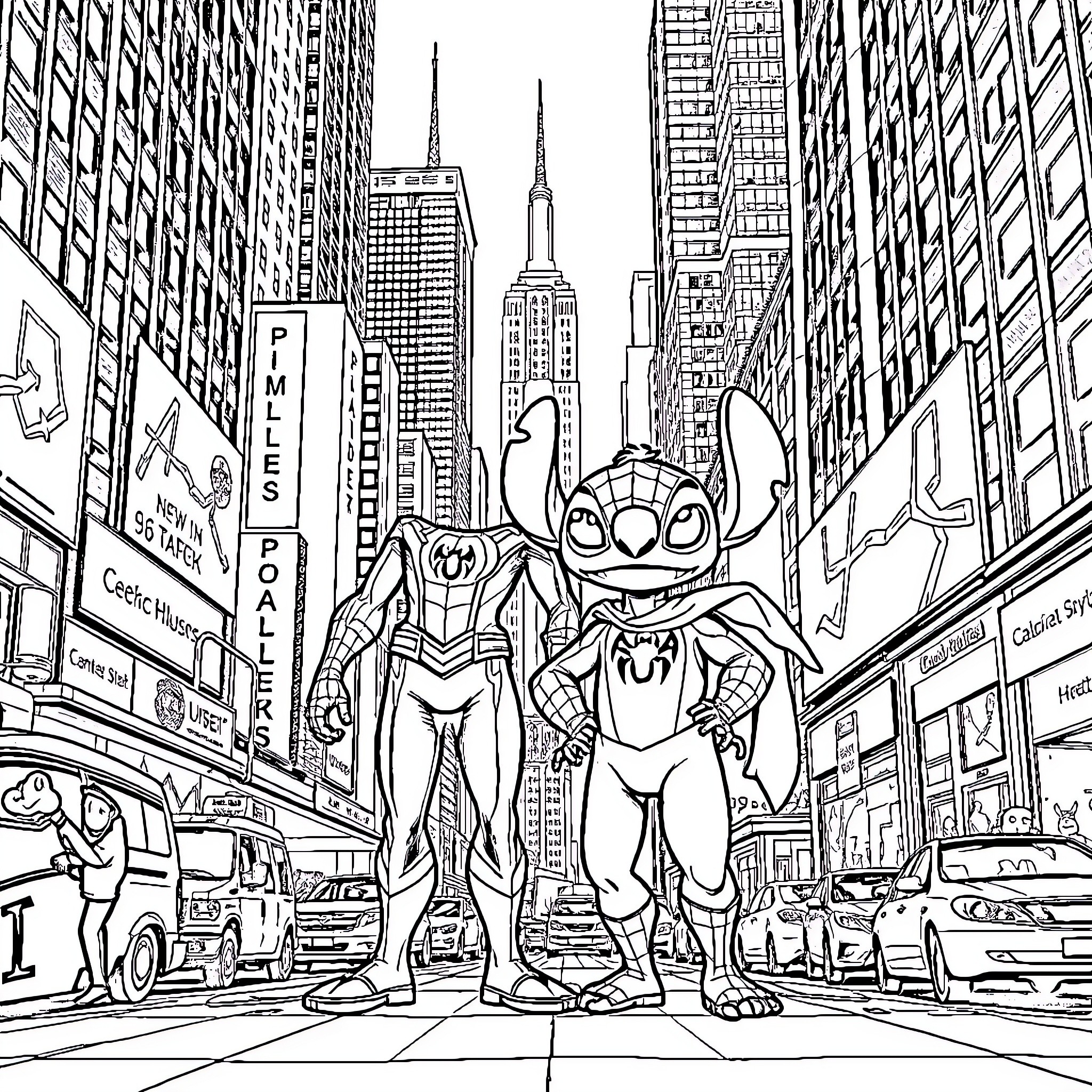 Spiderman and Stitch explore the city together Coloring Page (free black-and-white line drawing printable PDF for all, from beginners to advanced learners, including children, teens, adults, and seniors)