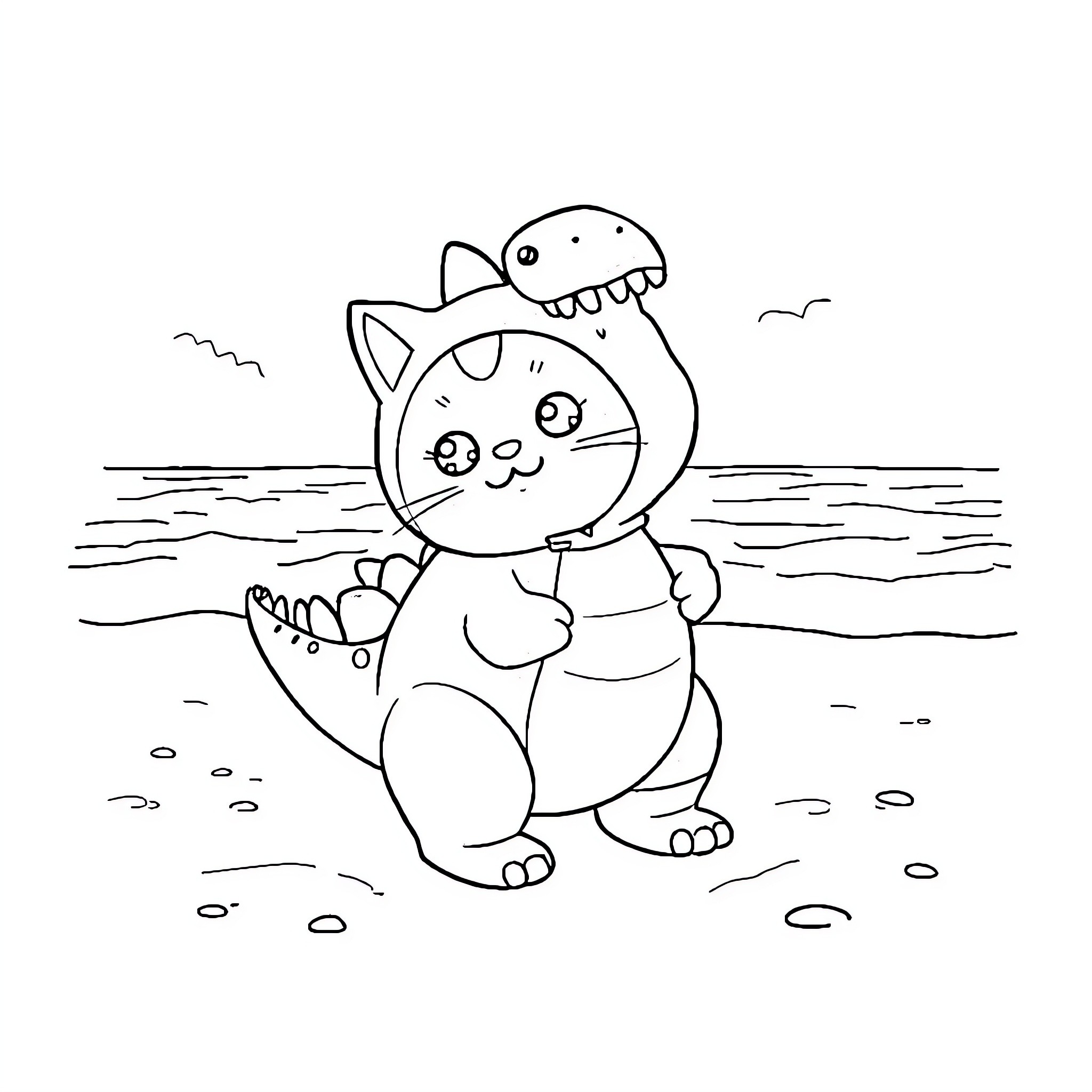 Cat wearing dinosaur costume playing by the beach Coloring Page (free black-and-white line drawing printable PDF for all, from beginners to advanced learners, including children, teens, adults, and seniors)