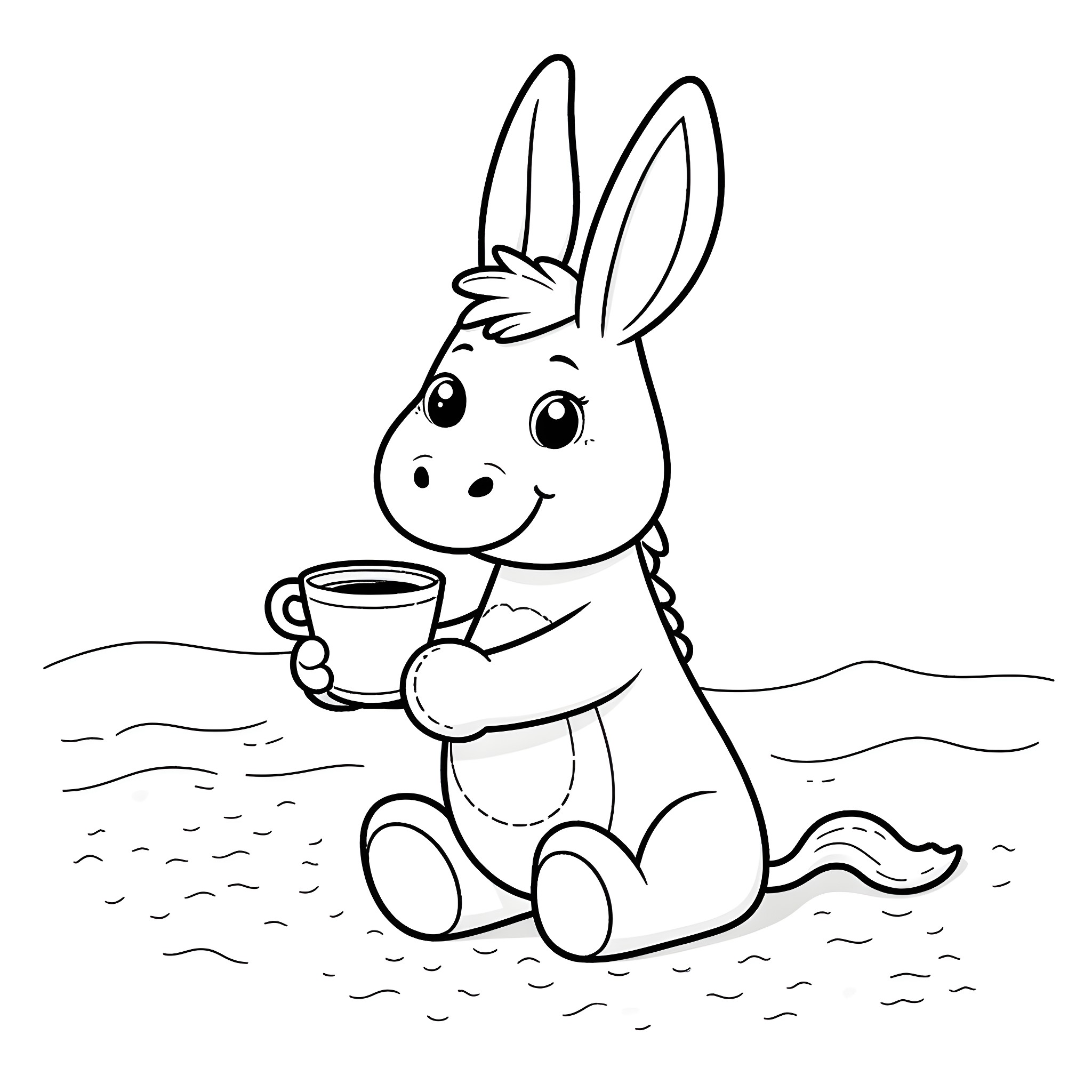 Donkey relaxing with a cup of coffee Coloring Page (free black-and-white line drawing printable PDF for all, from beginners to advanced learners, including children, teens, adults, and seniors)