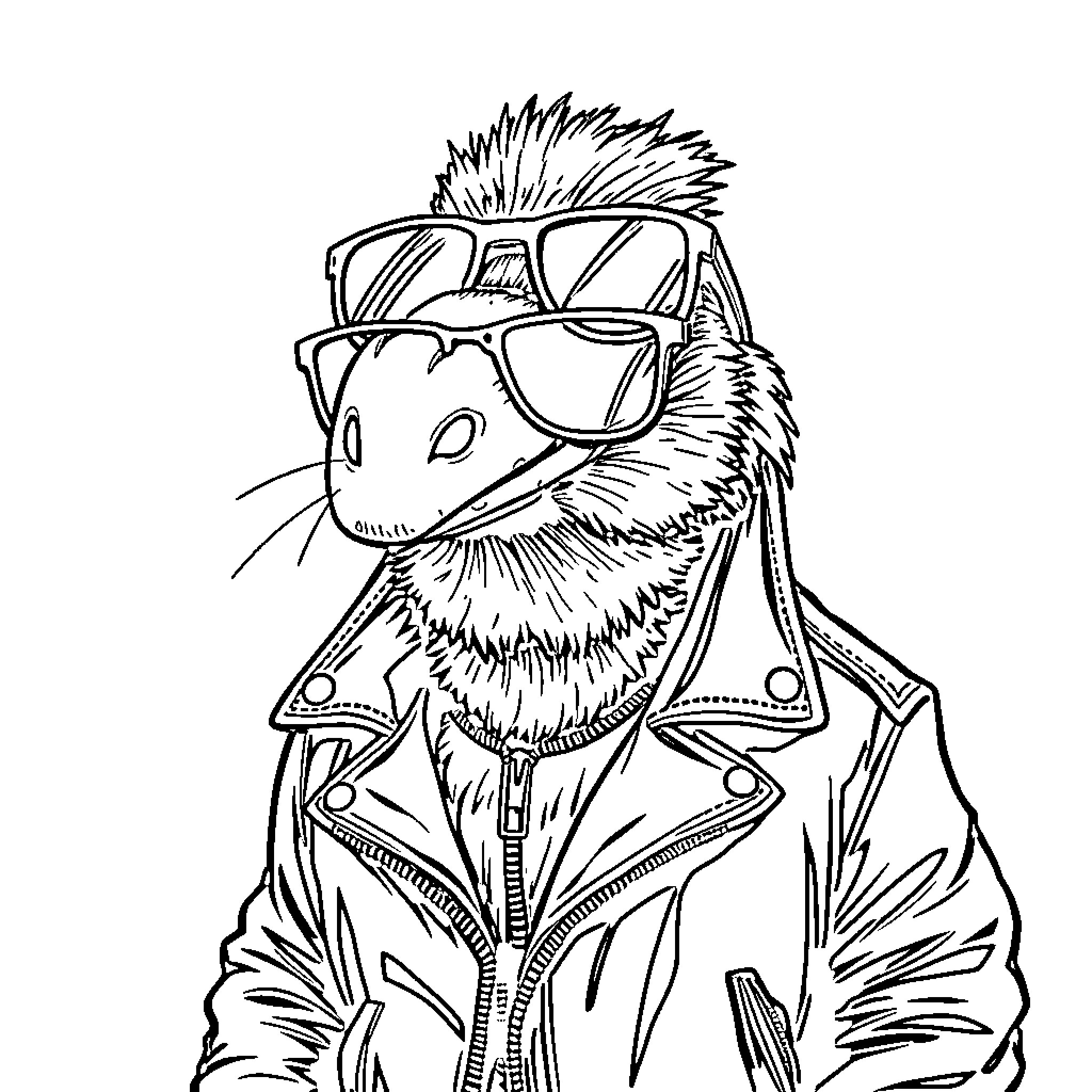Platypus wearing cool sunglasses and a stylish jacket Coloring Page (free black-and-white line drawing printable PDF for all, from beginners to advanced learners, including children, teens, adults, and seniors)