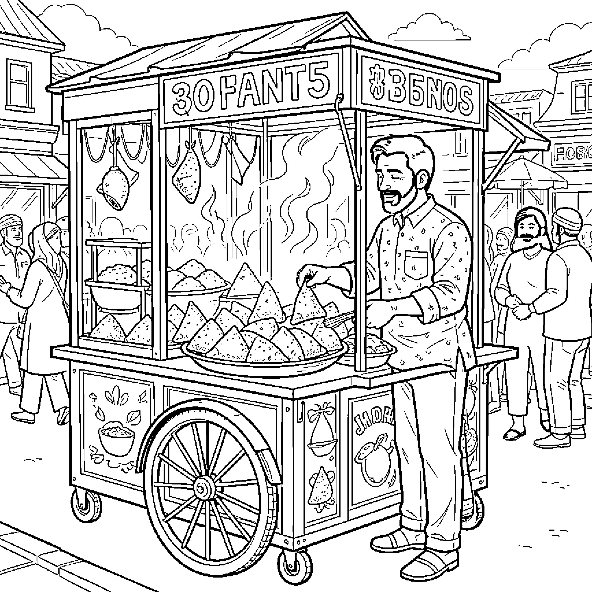 Man selling traditional street food from a cart Coloring Page (free black-and-white line drawing printable PDF for all, from beginners to advanced learners, including children, teens, adults, and seniors)