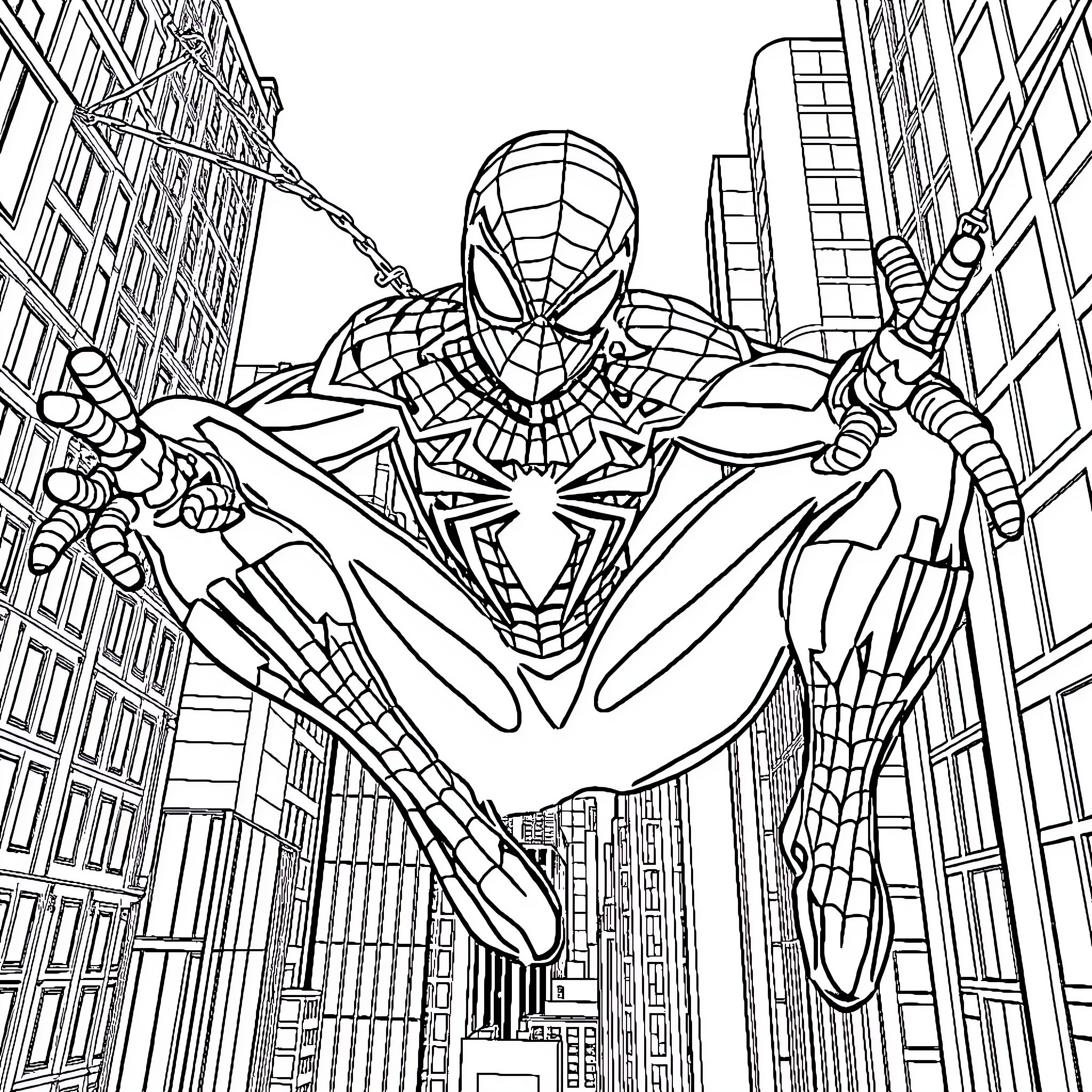 Spiderman swinging high above the city streets Coloring Page (free black-and-white line drawing printable PDF for all, from beginners to advanced learners, including children, teens, adults, and seniors)