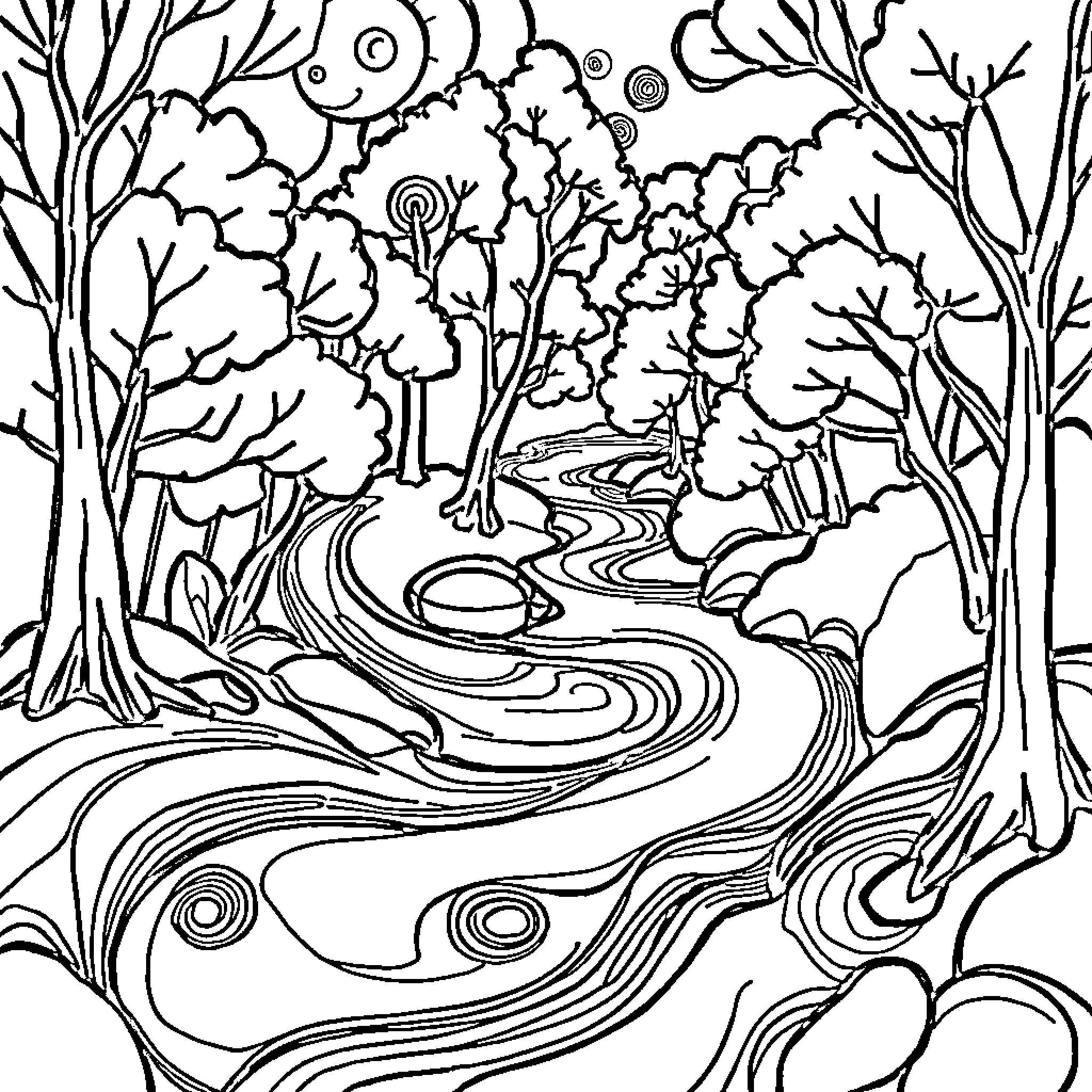 Nature's Winding Path Through the Enchanted Forest Coloring Page (free black-and-white line drawing printable PDF for all, from beginners to advanced learners, including children, teens, adults, and seniors)
