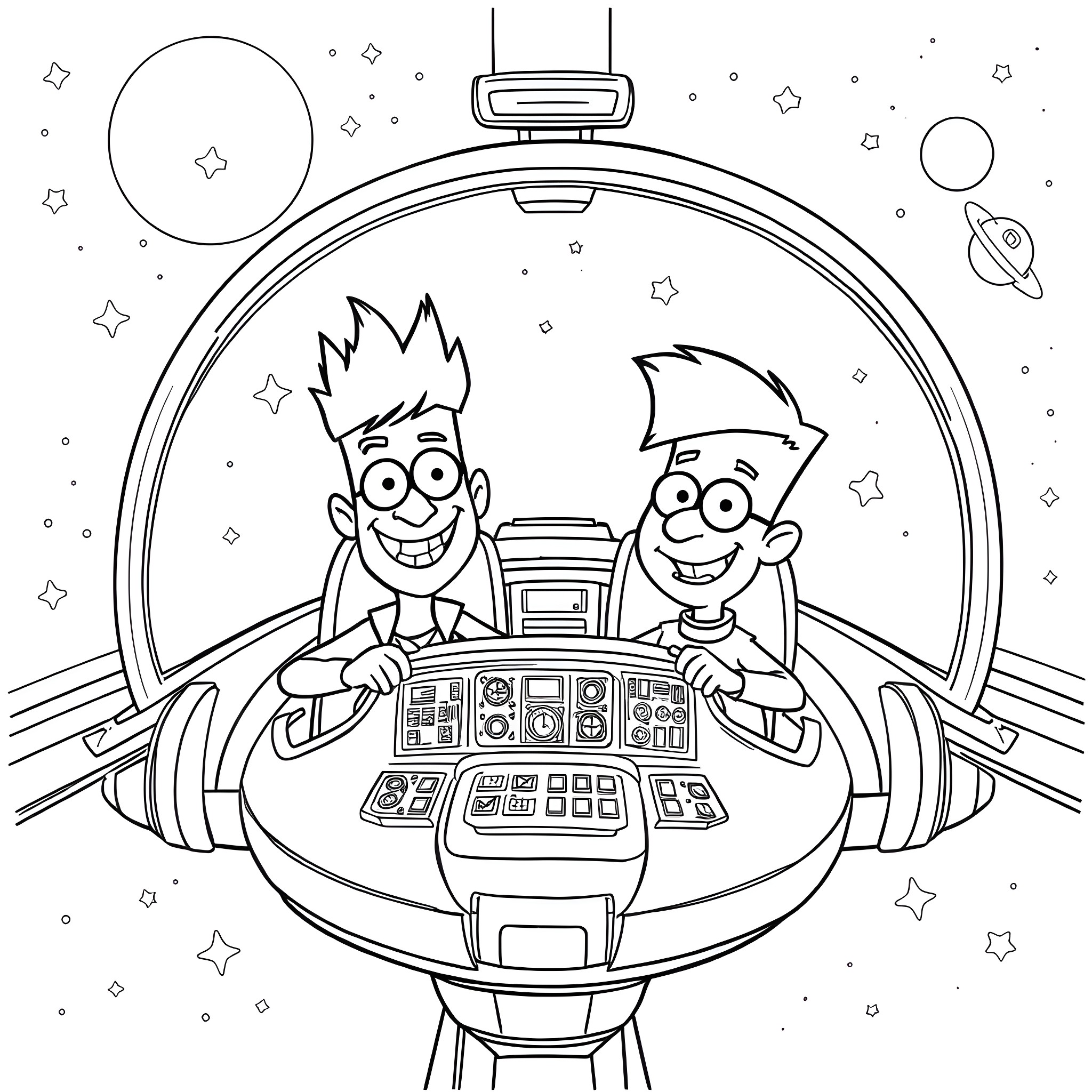 Phineas and Ferb's Intergalactic Adventure Coloring Page (free black-and-white line drawing printable PDF for all, from beginners to advanced learners, including children, teens, adults, and seniors)