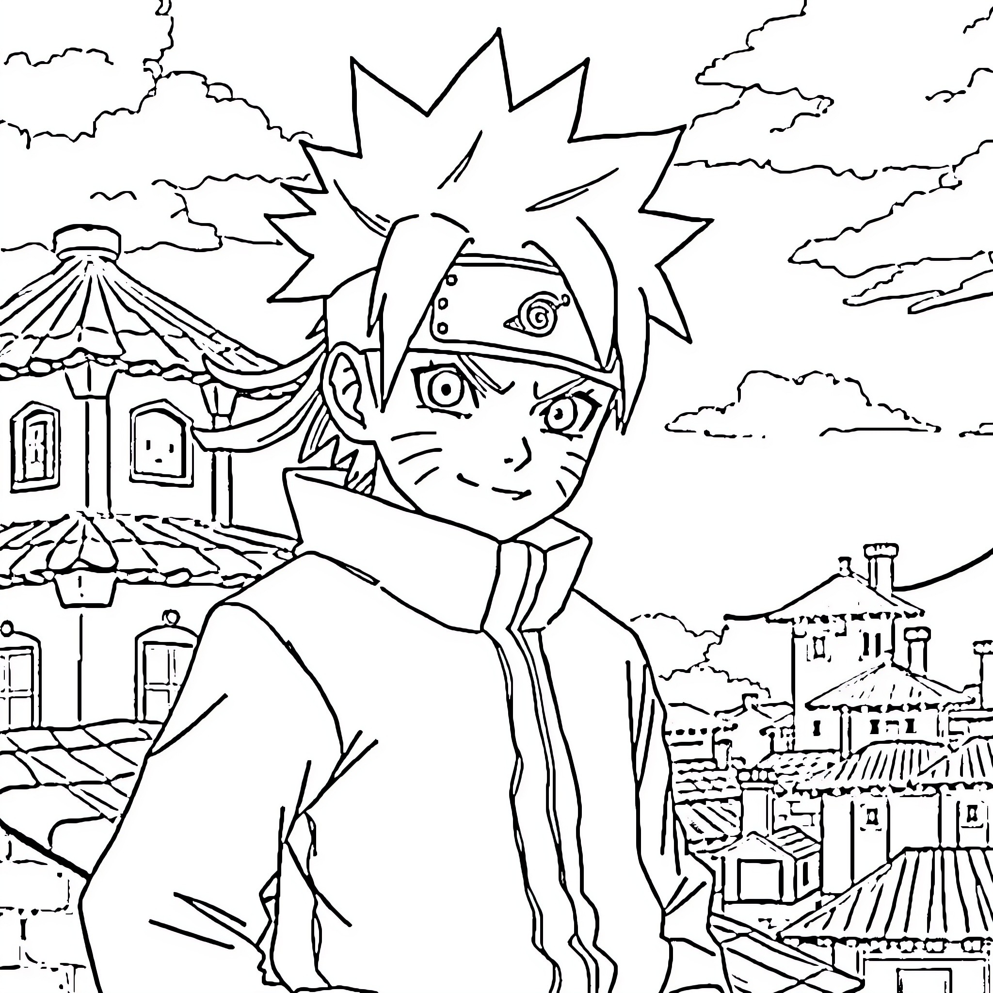 Naruto's Ninja Adventure in the Hidden Leaf Village Coloring Page (free black-and-white line drawing printable PDF for all, from beginners to advanced learners, including children, teens, adults, and seniors)