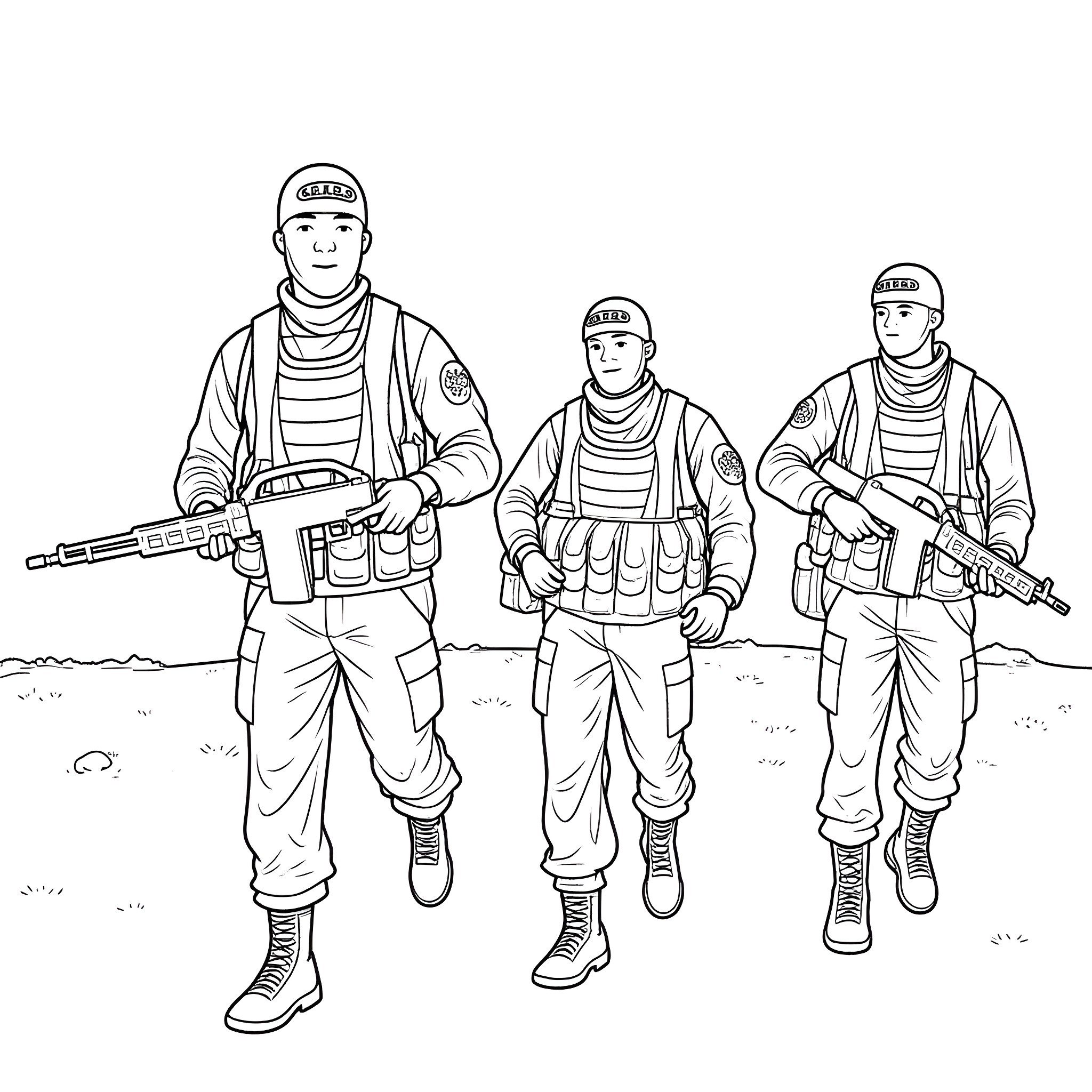 Soldiers in tactical gear on patrol Coloring Page (free black-and-white line drawing printable PDF for all, from beginners to advanced learners, including children, teens, adults, and seniors)