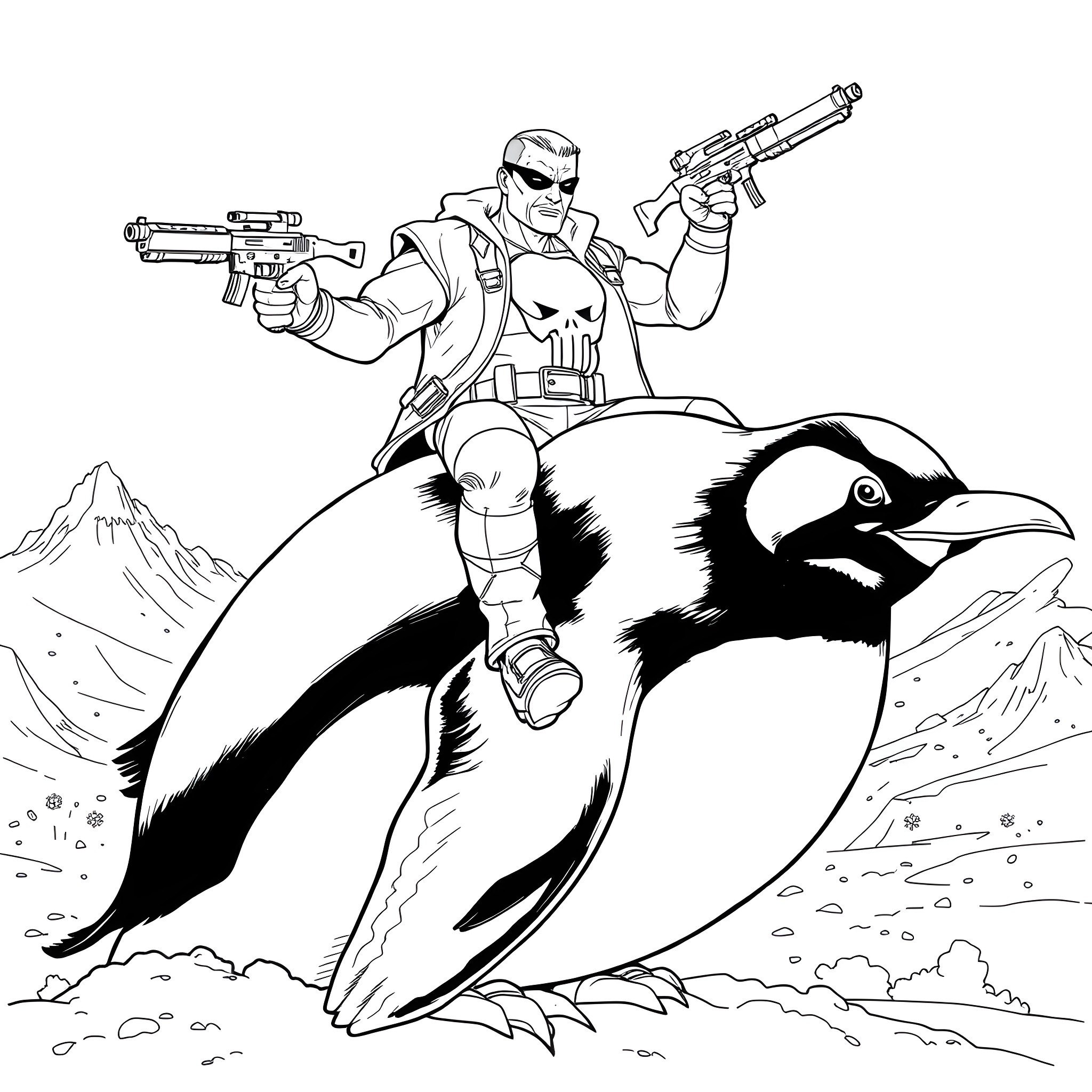 Punisher in action with penguin sidekick Coloring Page (free black-and-white line drawing printable PDF for all, from beginners to advanced learners, including children, teens, adults, and seniors)