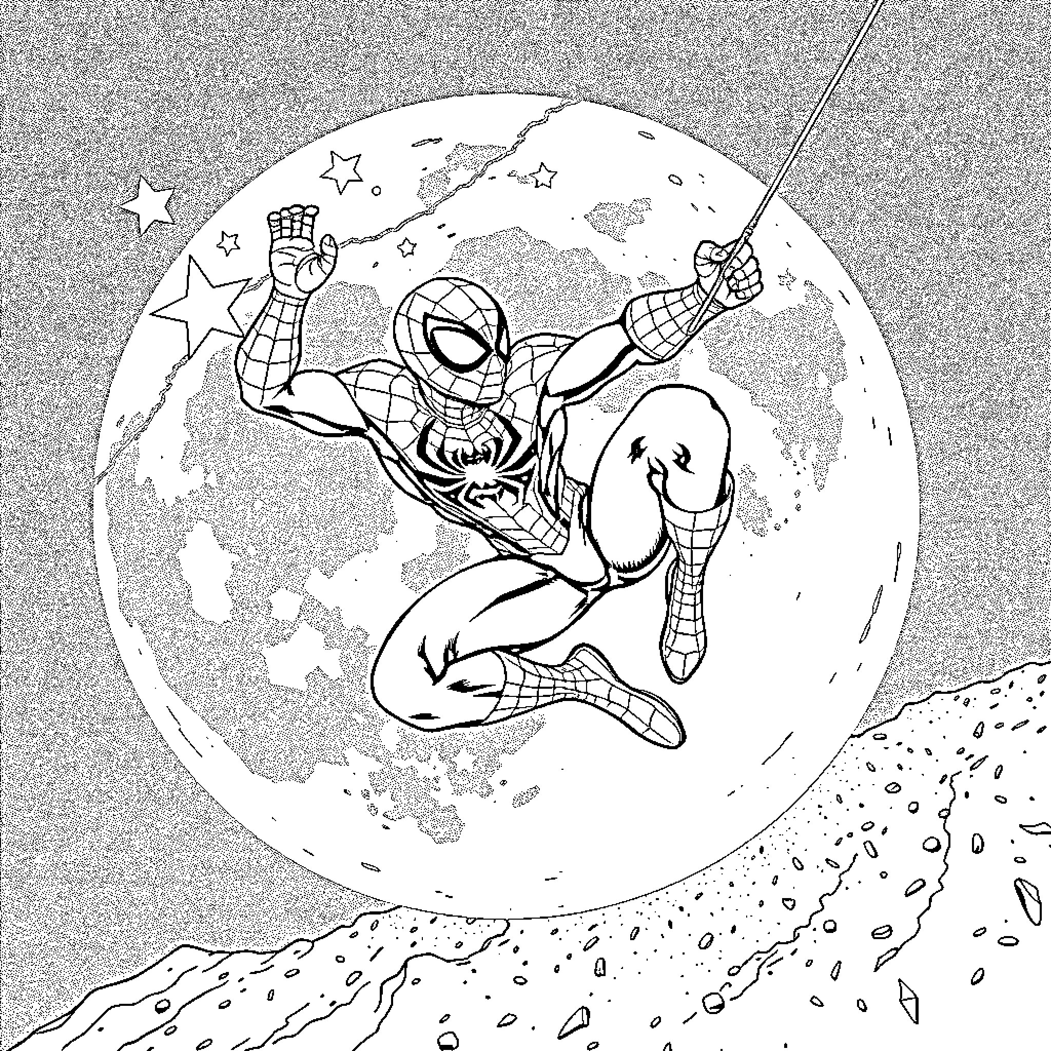 Spiderman swinging through the stars Coloring Page (free black-and-white line drawing printable PDF for all, from beginners to advanced learners, including children, teens, adults, and seniors)