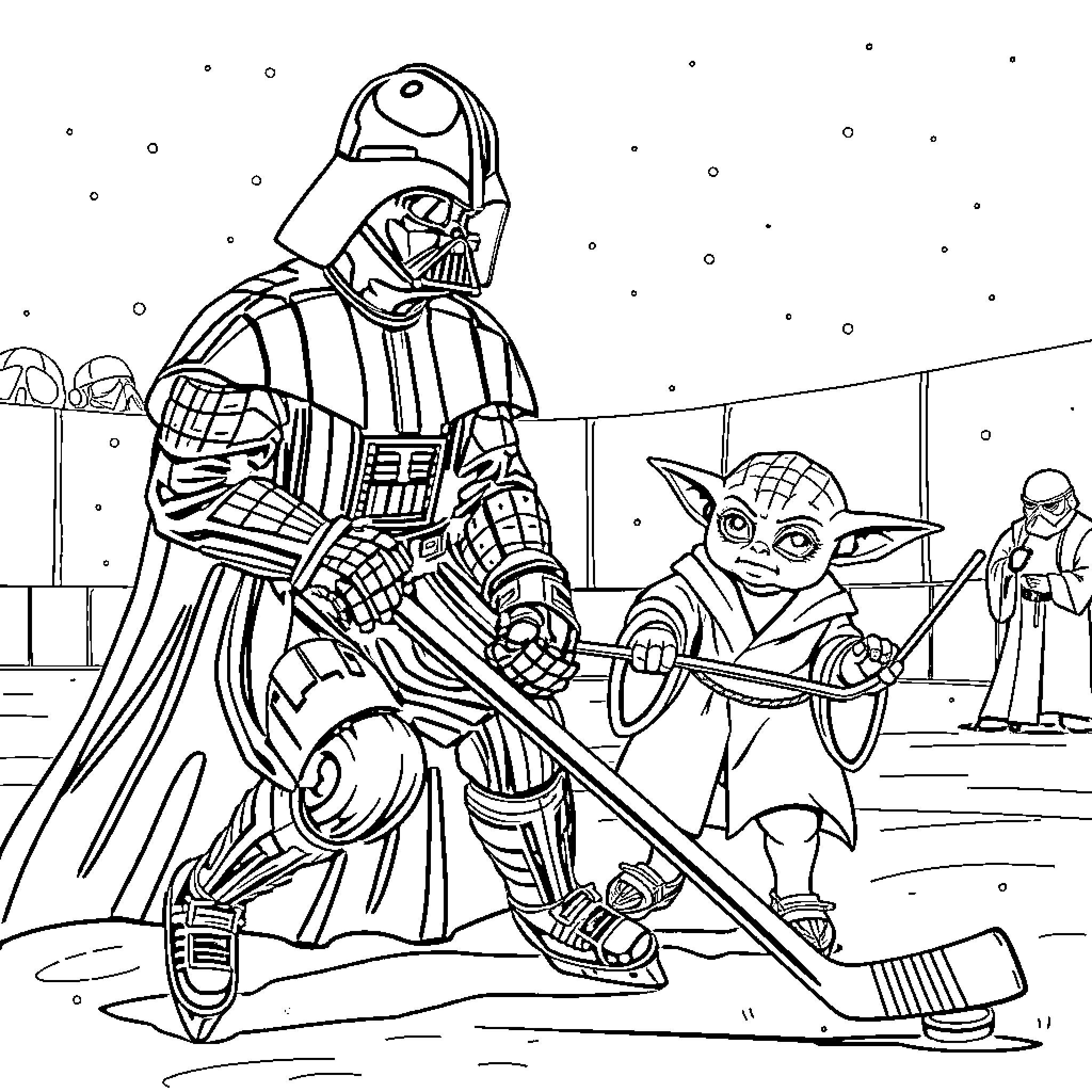 Darth Vader playing hockey with Baby Yoda Coloring Page (free black-and-white line drawing printable PDF for all, from beginners to advanced learners, including children, teens, adults, and seniors)