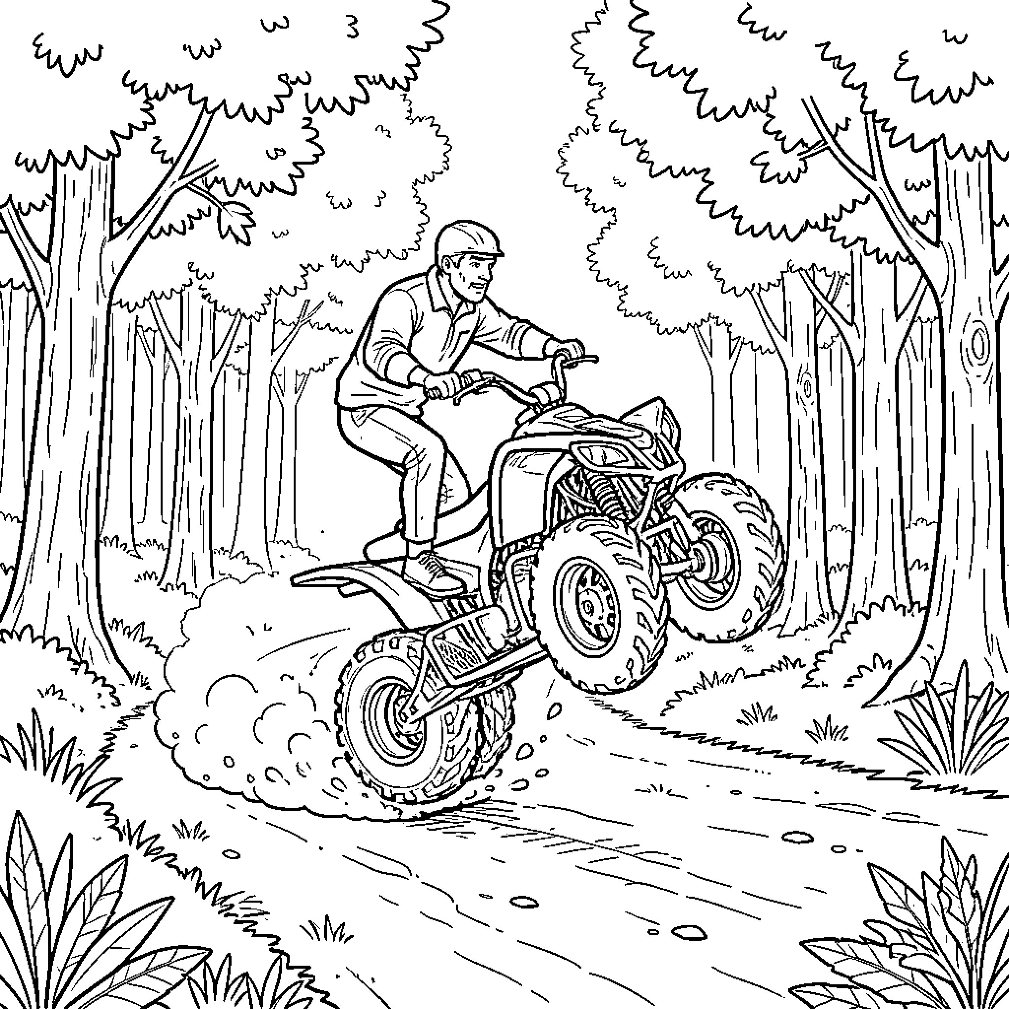 Quad bike rider driving through a forest path Coloring Page (free black-and-white line drawing printable PDF for all, from beginners to advanced learners, including children, teens, adults, and seniors)