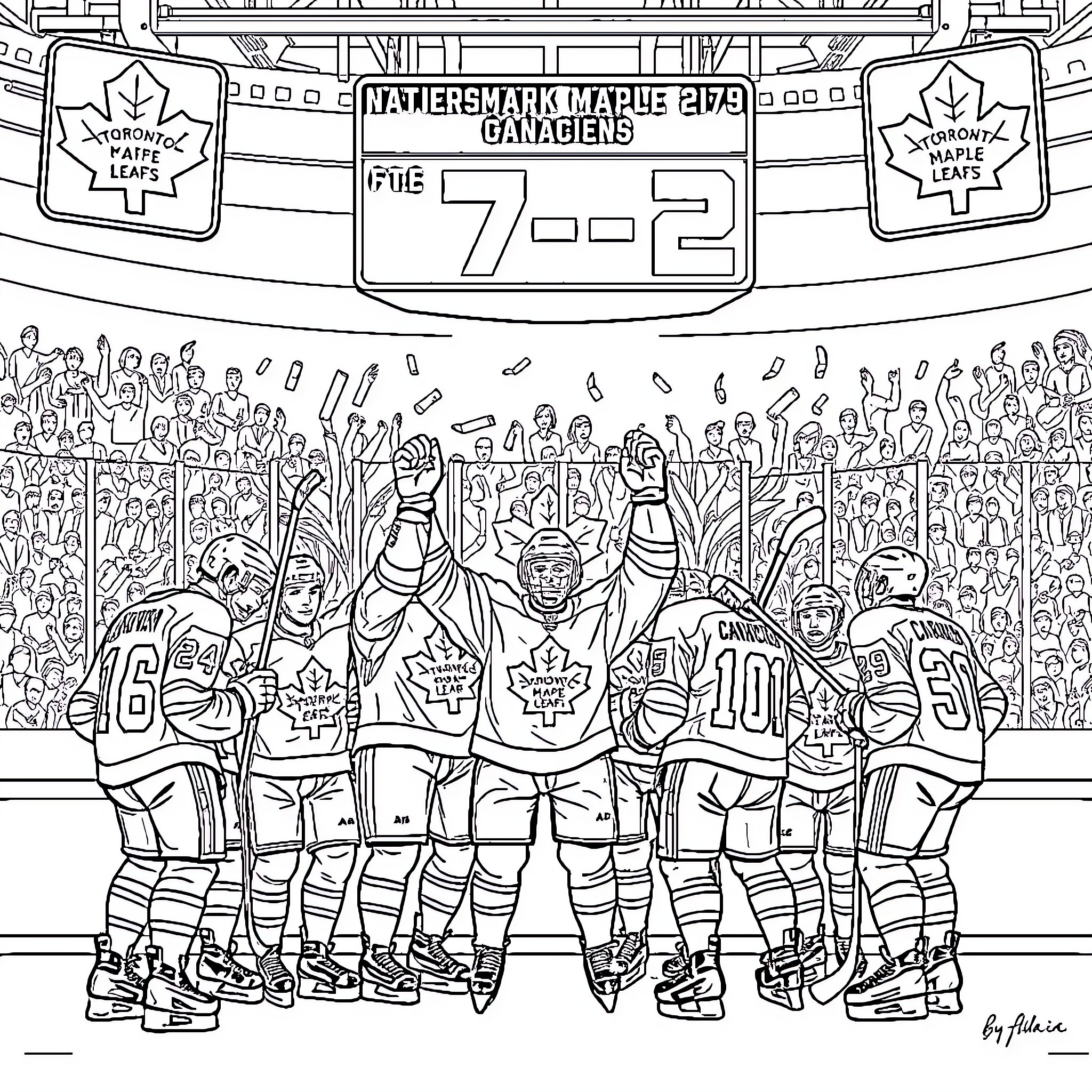 Hockey players in intense game action on ice rink Coloring Page (free black-and-white line drawing printable PDF for all, from beginners to advanced learners, including children, teens, adults, and seniors)