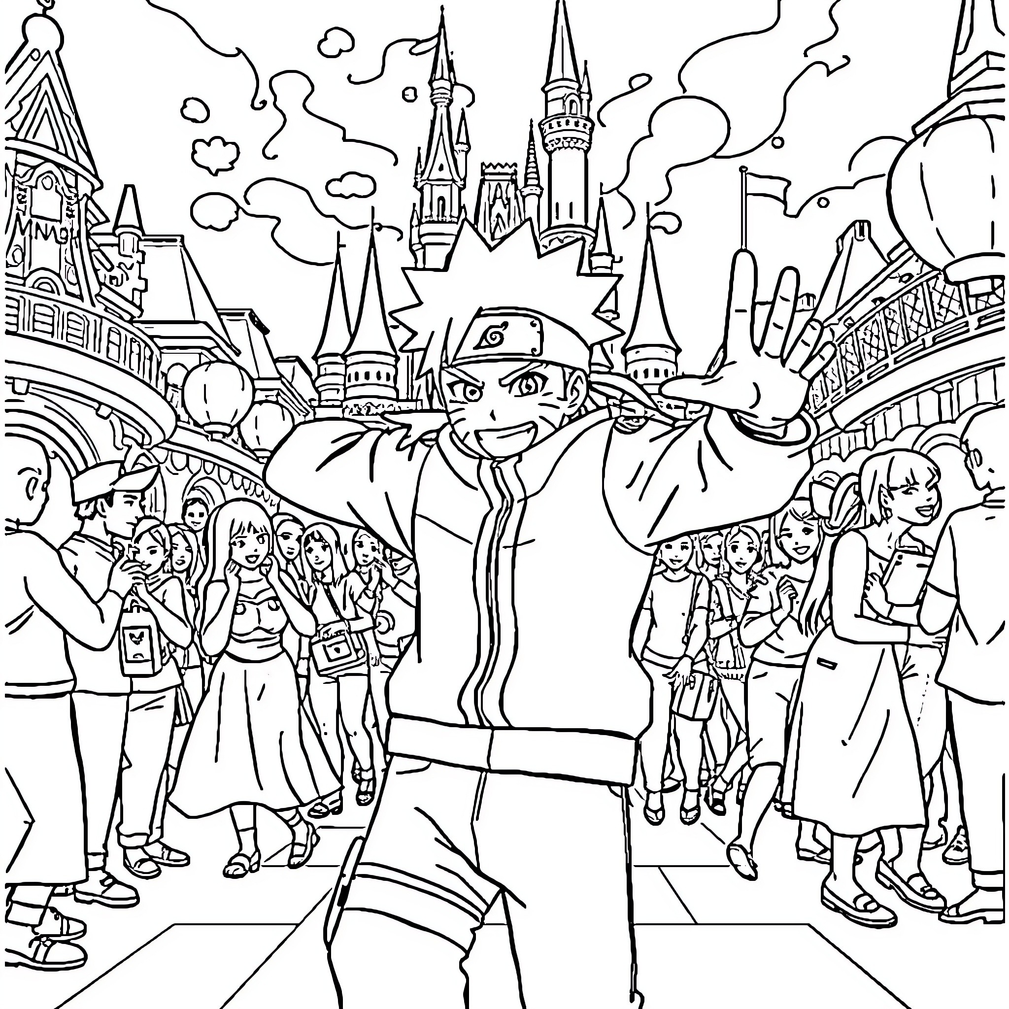 Naruto characters in an animated fantasy town Coloring Page (free black-and-white line drawing printable PDF for all, from beginners to advanced learners, including children, teens, adults, and seniors)