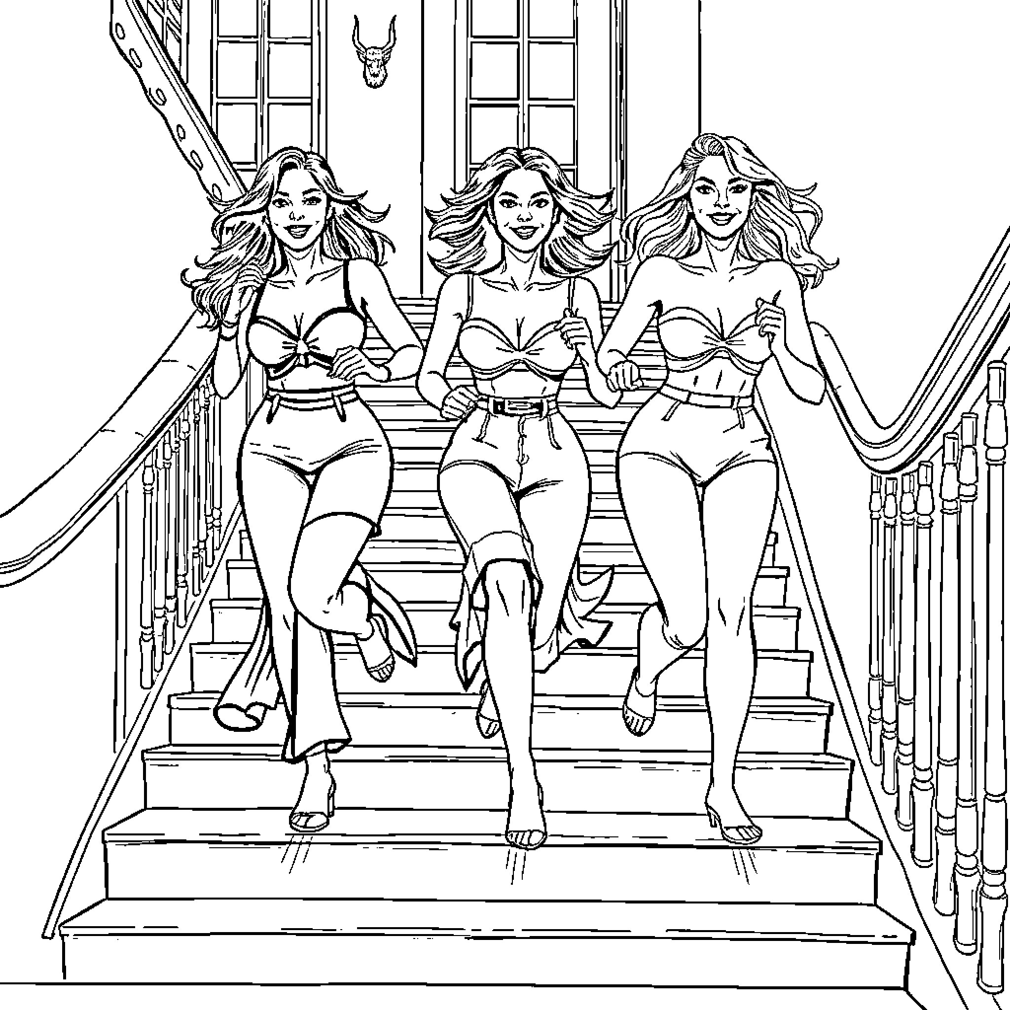 Women in fashionable attire posing on stairs Coloring Page (free black-and-white line drawing printable PDF for all, from beginners to advanced learners, including children, teens, adults, and seniors)