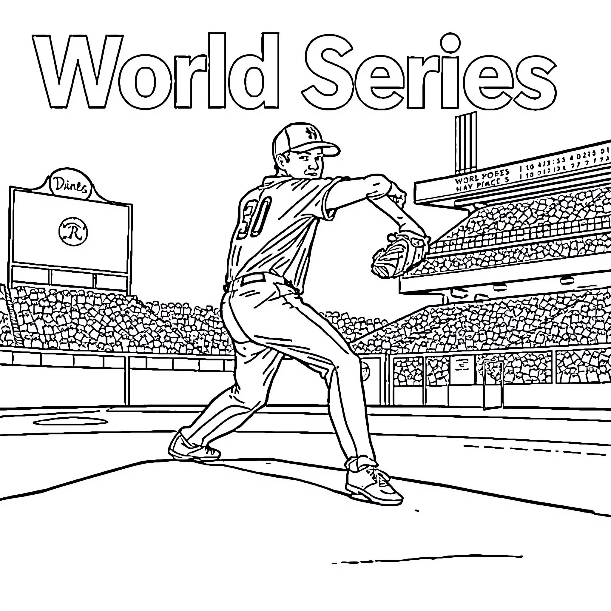 Baseball Pitcher Throwing a Pitch on the Mound Coloring Page (free black-and-white line drawing printable PDF for all, from beginners to advanced learners, including children, teens, adults, and seniors)