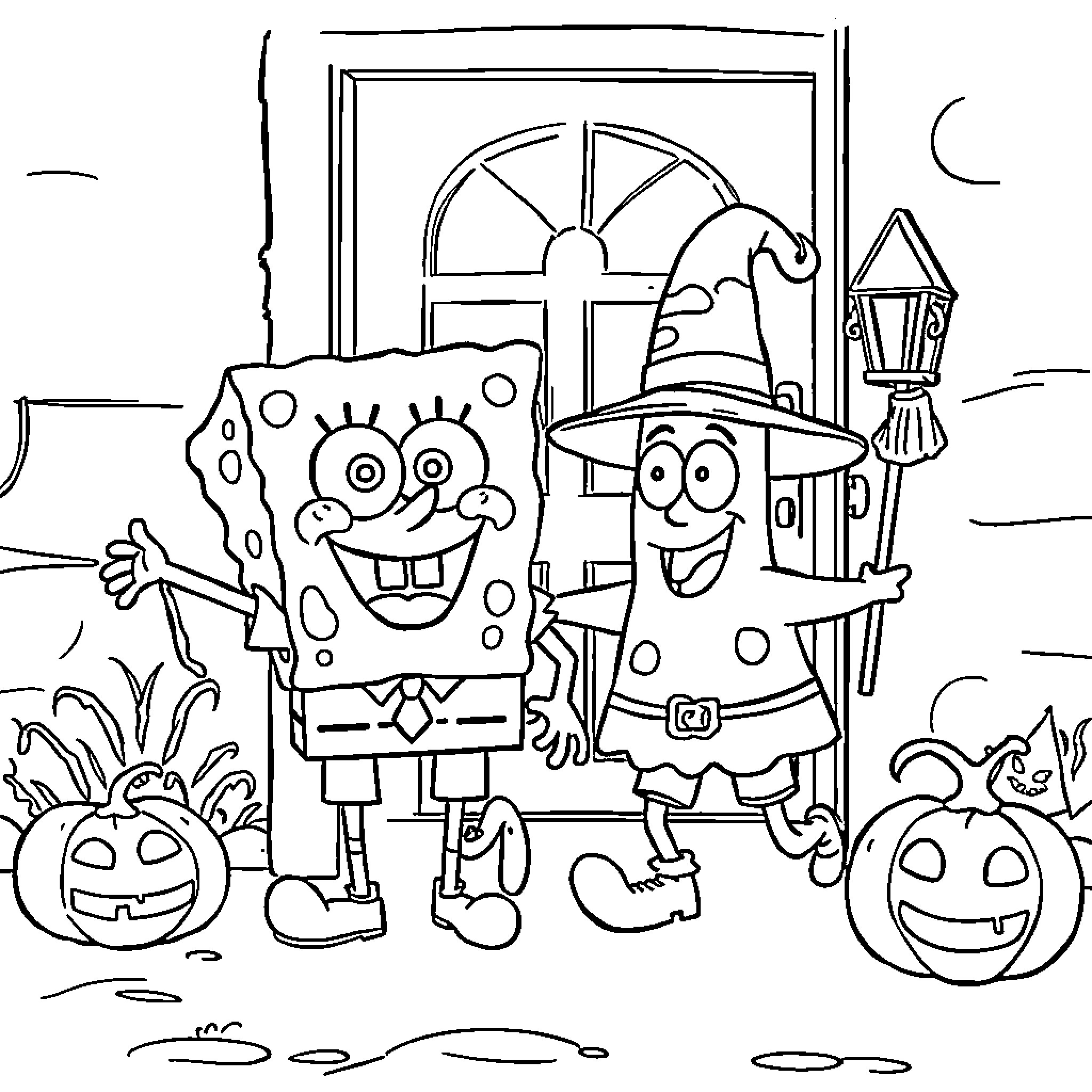 Spongebob and Patrick Celebrate Halloween Coloring Page (free black-and-white line drawing printable PDF for all, from beginners to advanced learners, including children, teens, adults, and seniors)