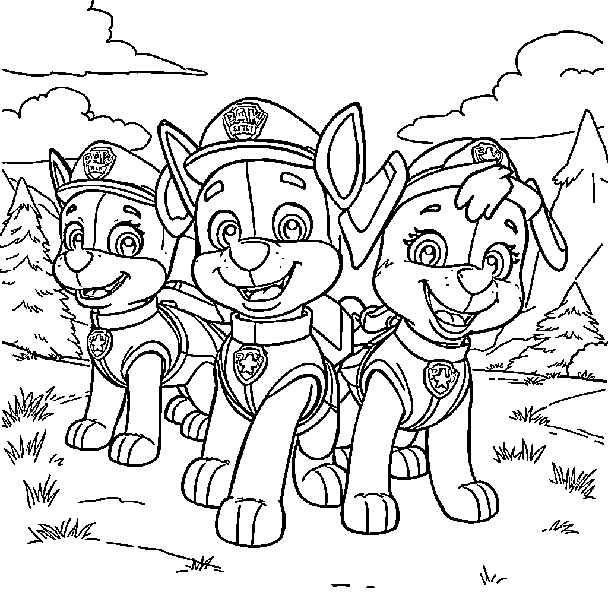 Paw Patrol Pups Exploring Outdoors Coloring Page (free black-and-white line drawing printable PDF for all, from beginners to advanced learners, including children, teens, adults, and seniors)