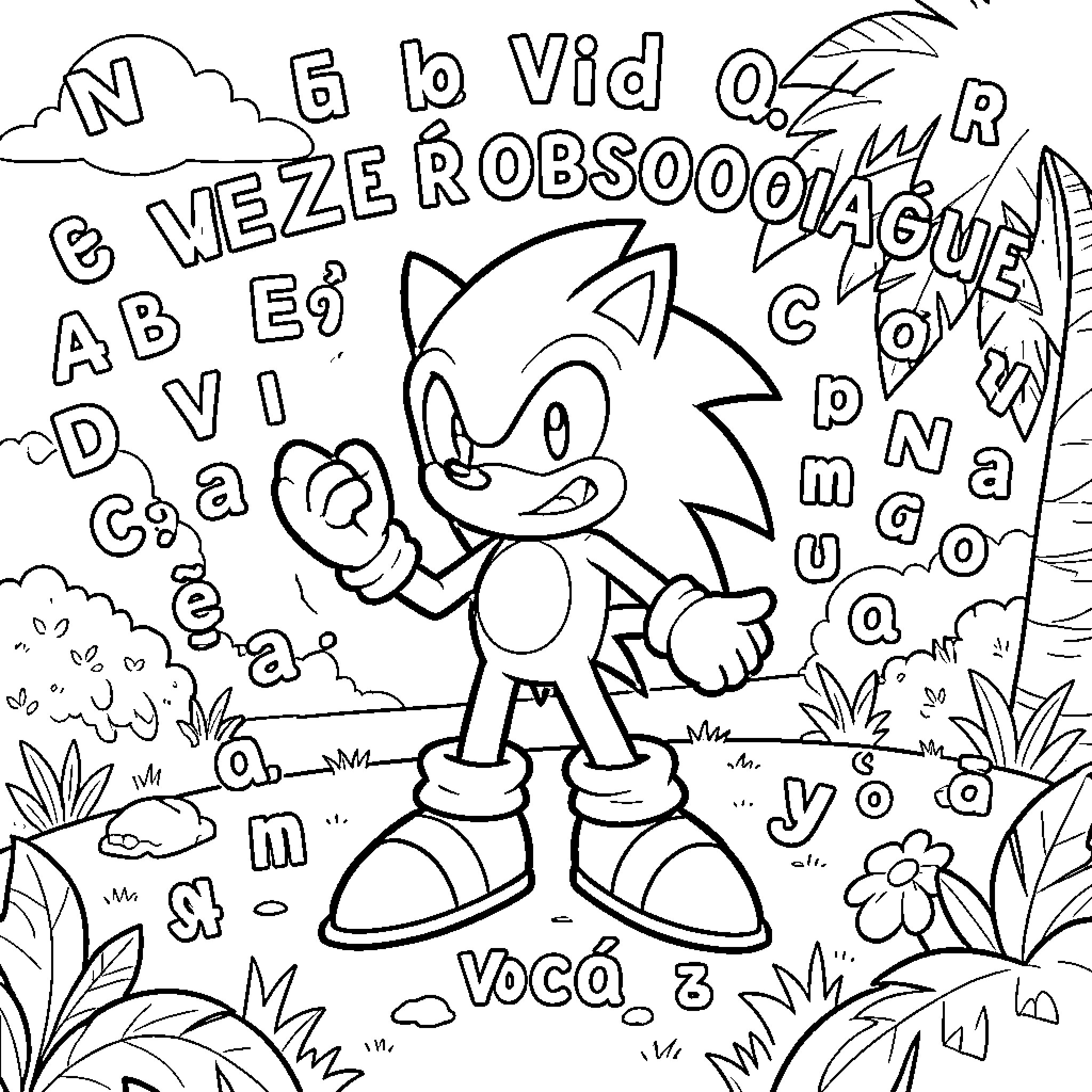 Sonic standing confidently amidst floating letters and tropical plants Coloring Page (free black-and-white line drawing printable PDF for all, from beginners to advanced learners, including children, teens, adults, and seniors)