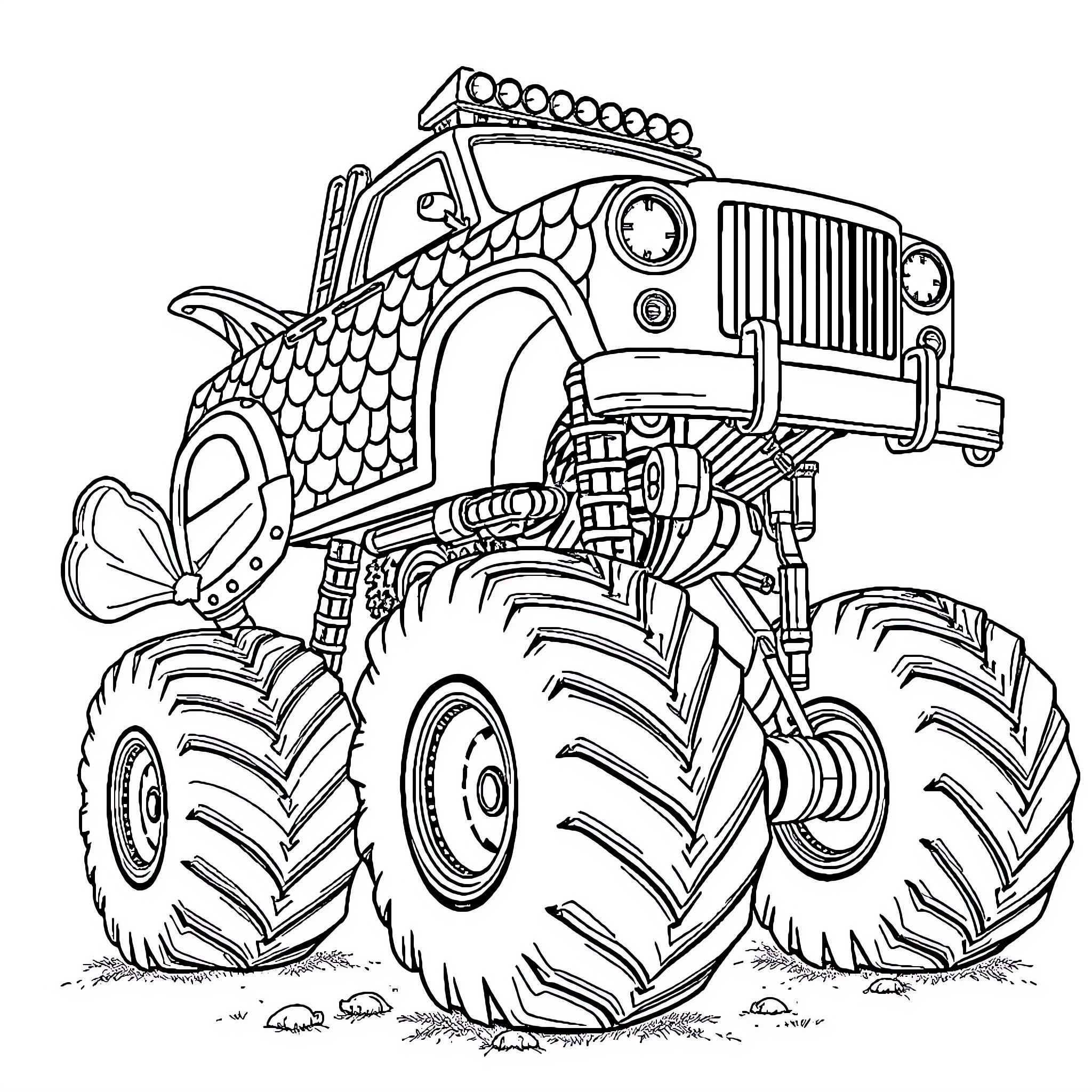 Mermaid monster truck off-roading adventure Coloring Page (free black-and-white line drawing printable PDF for all, from beginners to advanced learners, including children, teens, adults, and seniors)