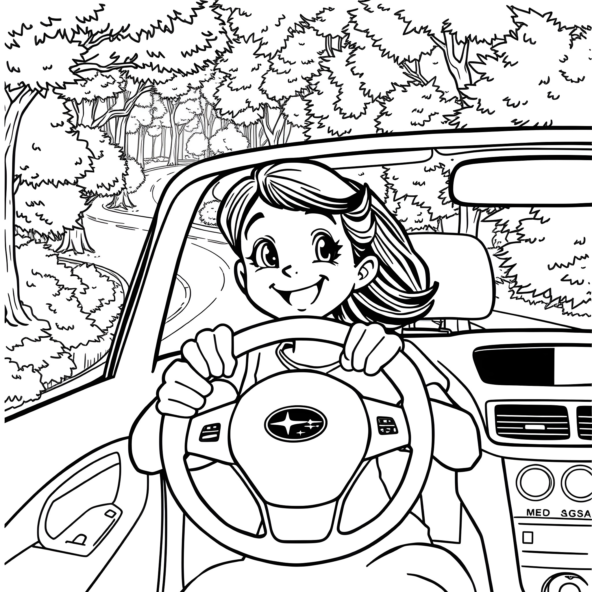 Teenager enjoying a joyful drive through the countryside Coloring Page (free black-and-white line drawing printable PDF for all, from beginners to advanced learners, including children, teens, adults, and seniors)