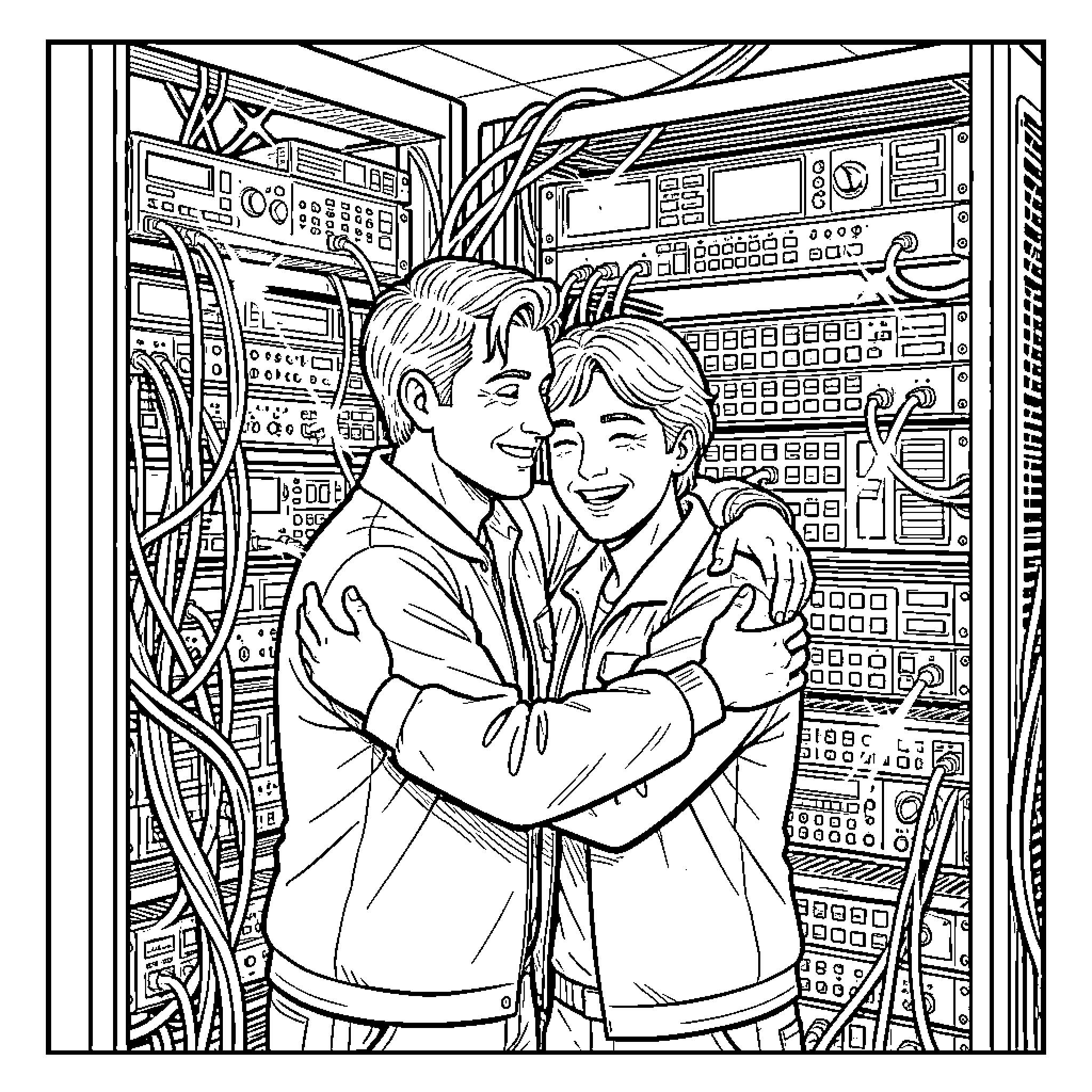 Técnico Congratulating Coworker in Computer Room Coloring Page (free black-and-white line drawing printable PDF for all, from beginners to advanced learners, including children, teens, adults, and seniors)