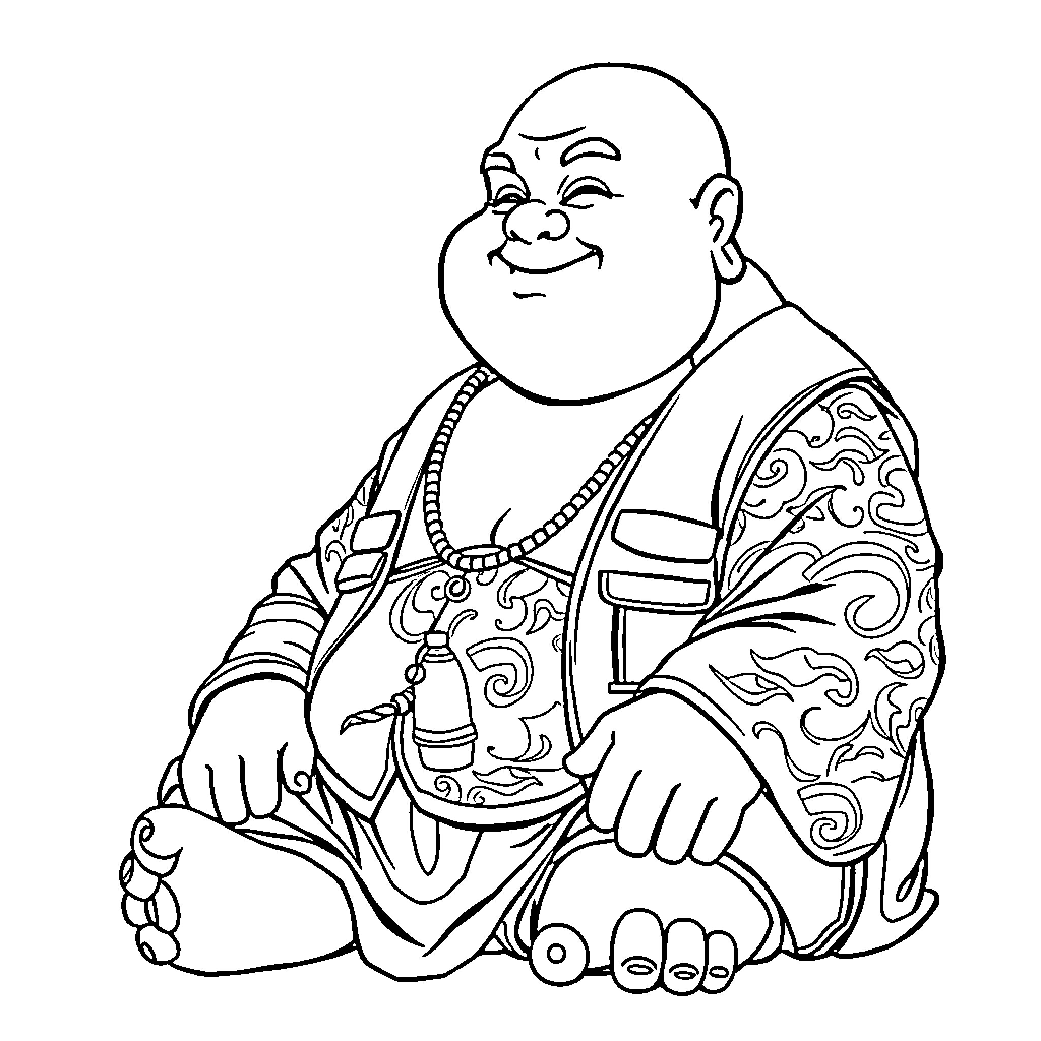 Buddha in contemplative pose with ornate robes Coloring Page (free black-and-white line drawing printable PDF for all, from beginners to advanced learners, including children, teens, adults, and seniors)