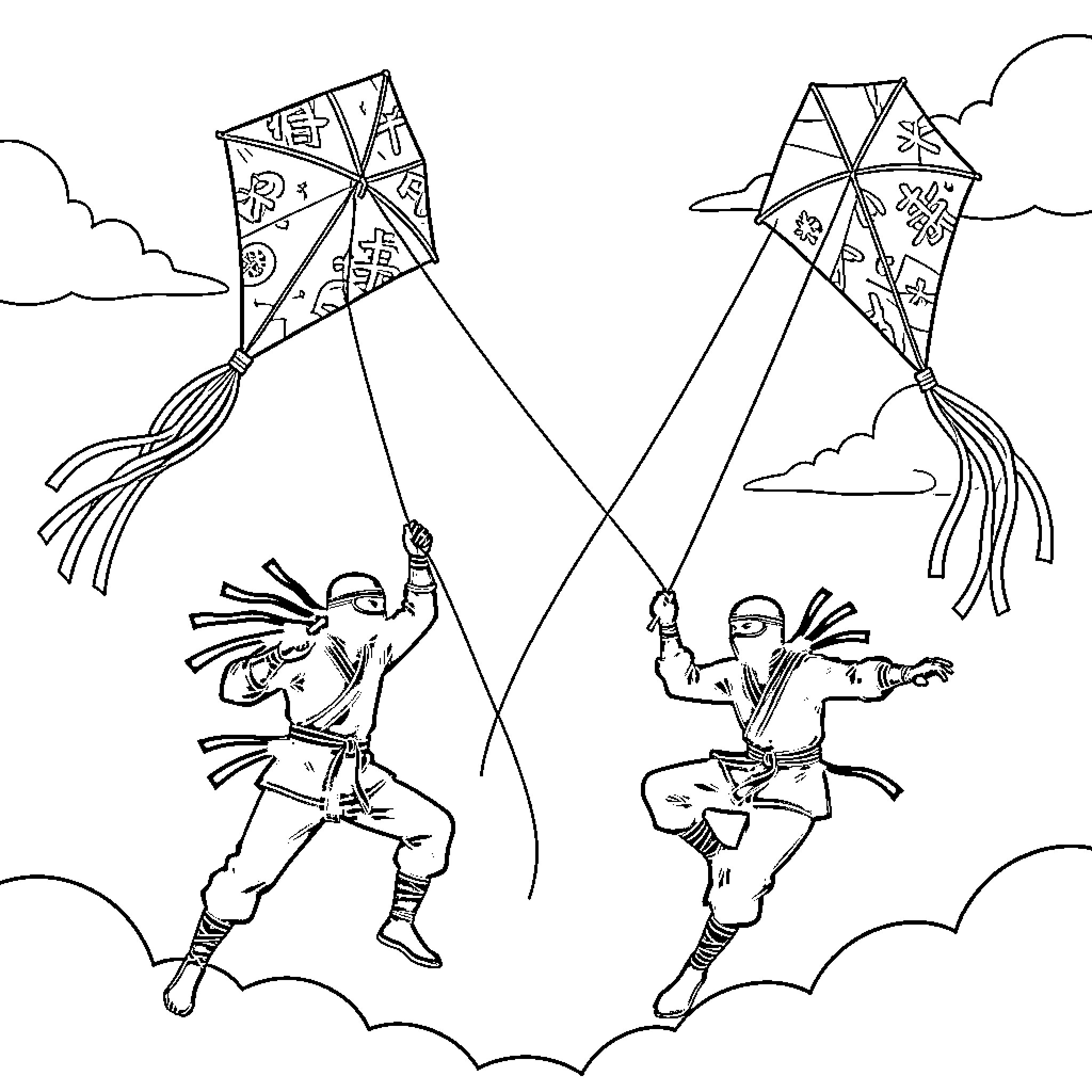 Ninja acrobatics with colorful kites in the sky Coloring Page (free black-and-white line drawing printable PDF for all, from beginners to advanced learners, including children, teens, adults, and seniors)
