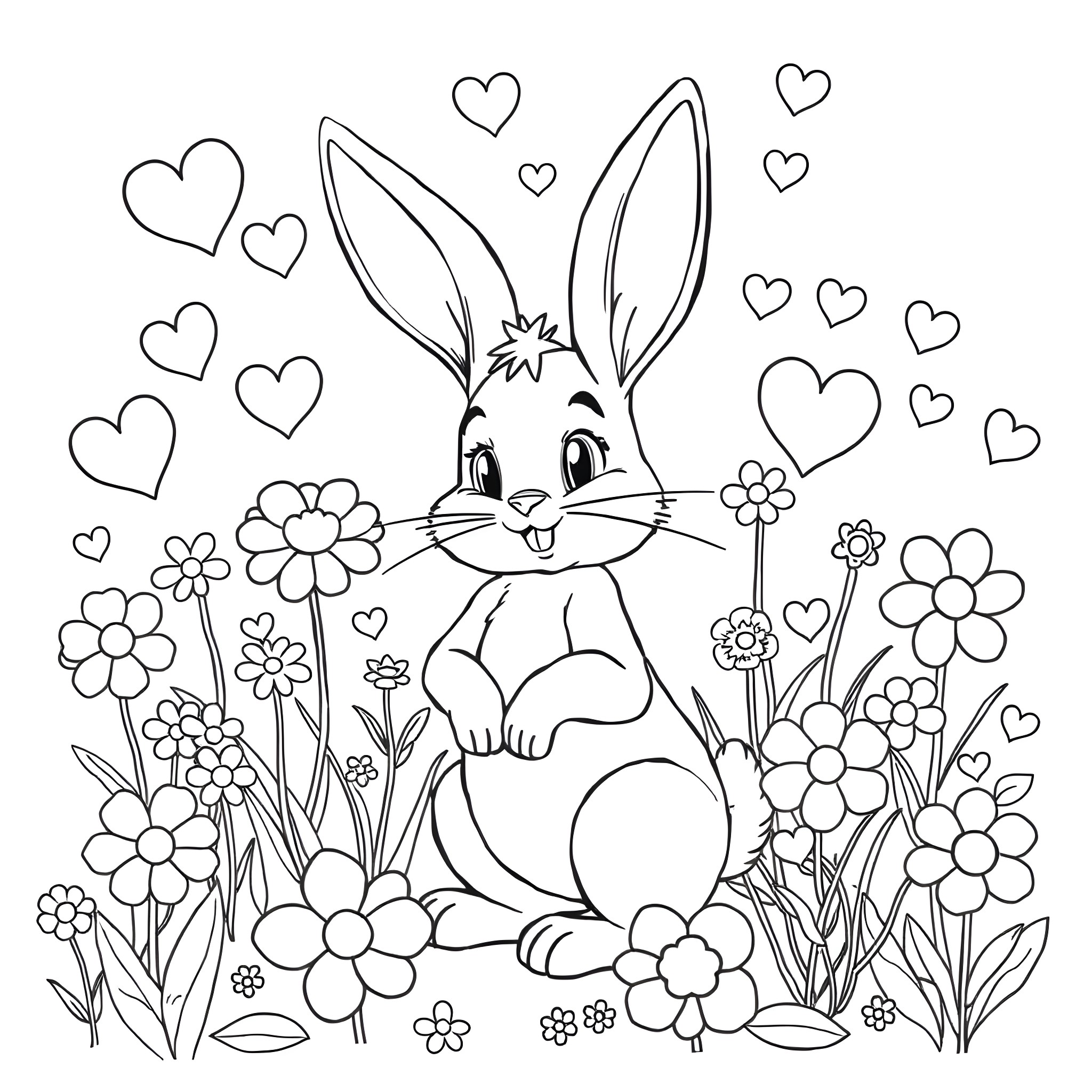 Lola Bunny sitting among flowers and hearts Coloring Page (free black-and-white line drawing printable PDF for all, from beginners to advanced learners, including children, teens, adults, and seniors)