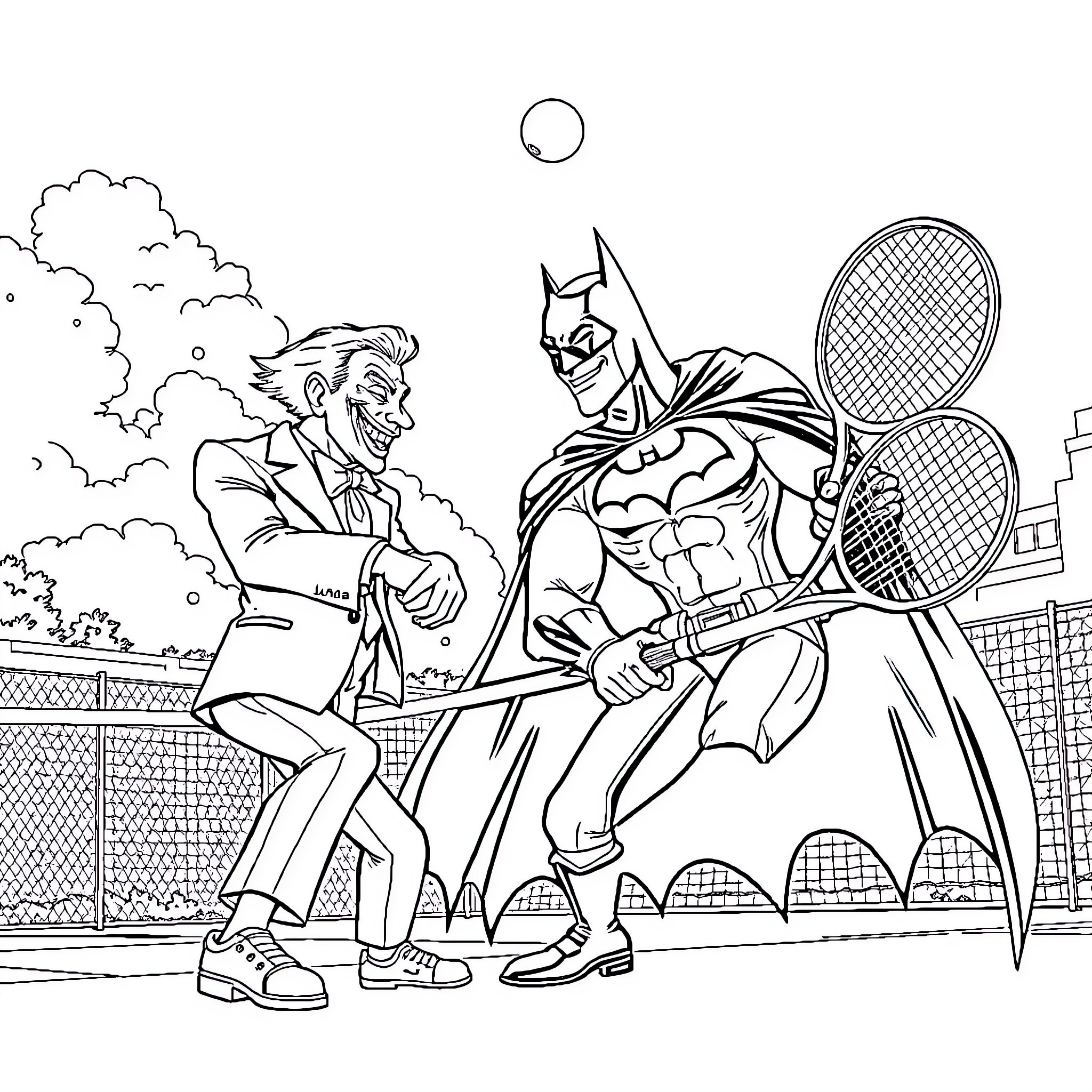 Batman's Tennis Match with the Joker Coloring Page (free black-and-white line drawing printable PDF for all, from beginners to advanced learners, including children, teens, adults, and seniors)