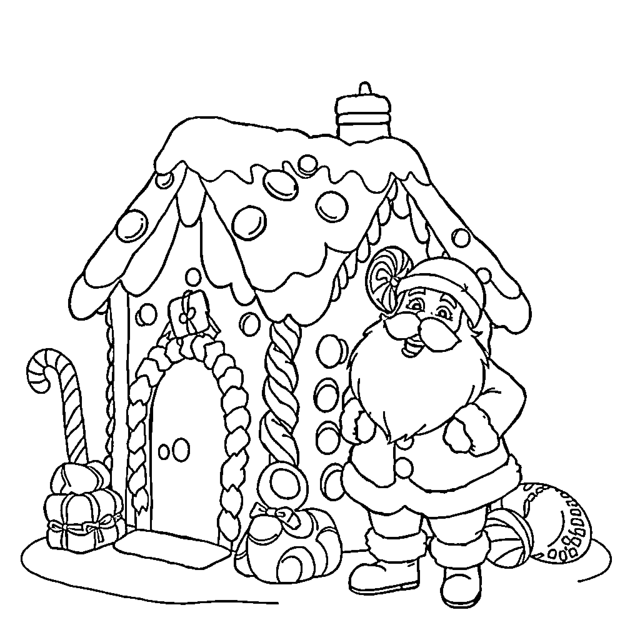 Santa's Cozy Gingerbread House with Festive Decorations Coloring Page (free black-and-white line drawing printable PDF for all, from beginners to advanced learners, including children, teens, adults, and seniors)