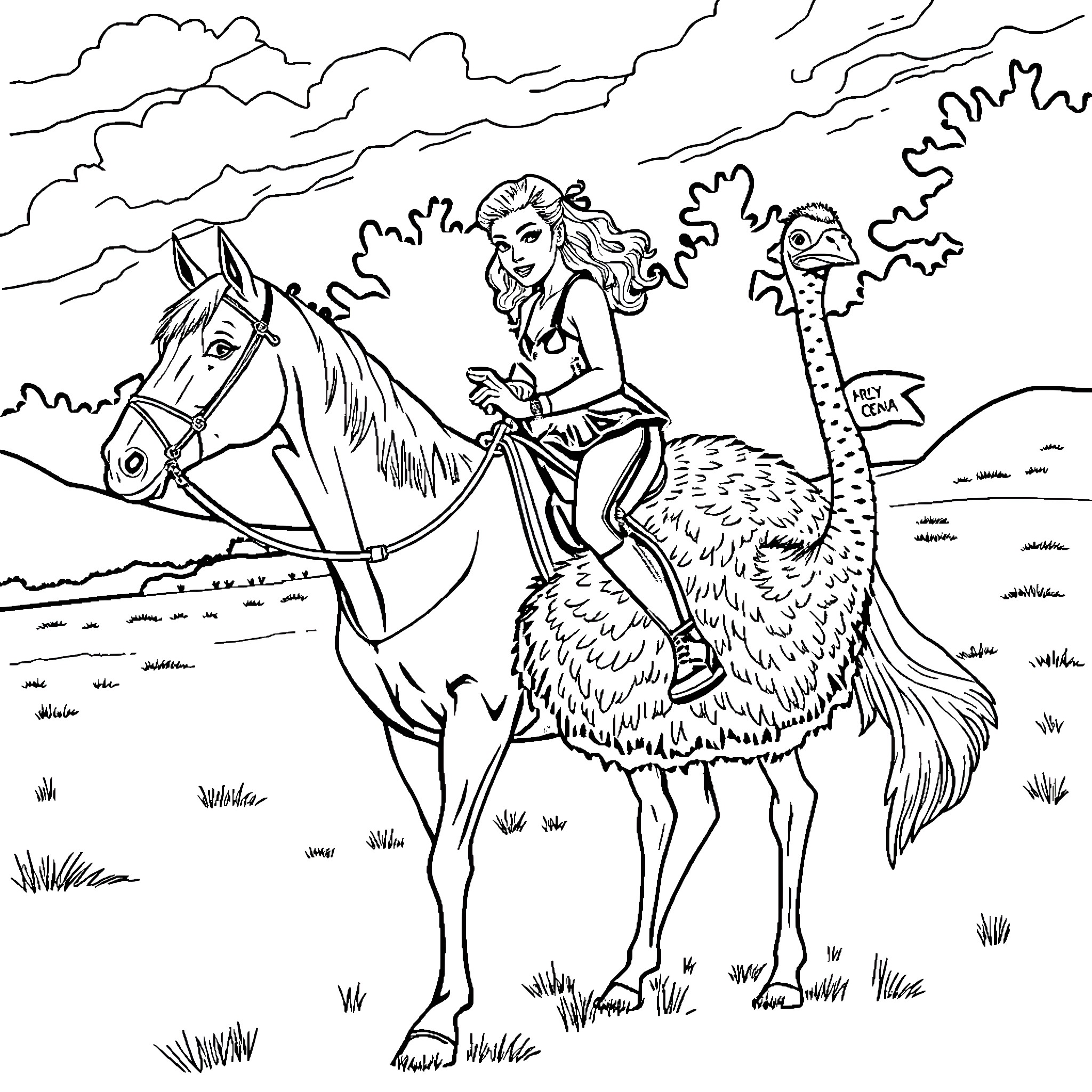 Lady Gaga riding a fantastical creature in a whimsical landscape Coloring Page (free black-and-white line drawing printable PDF for all, from beginners to advanced learners, including children, teens, adults, and seniors)