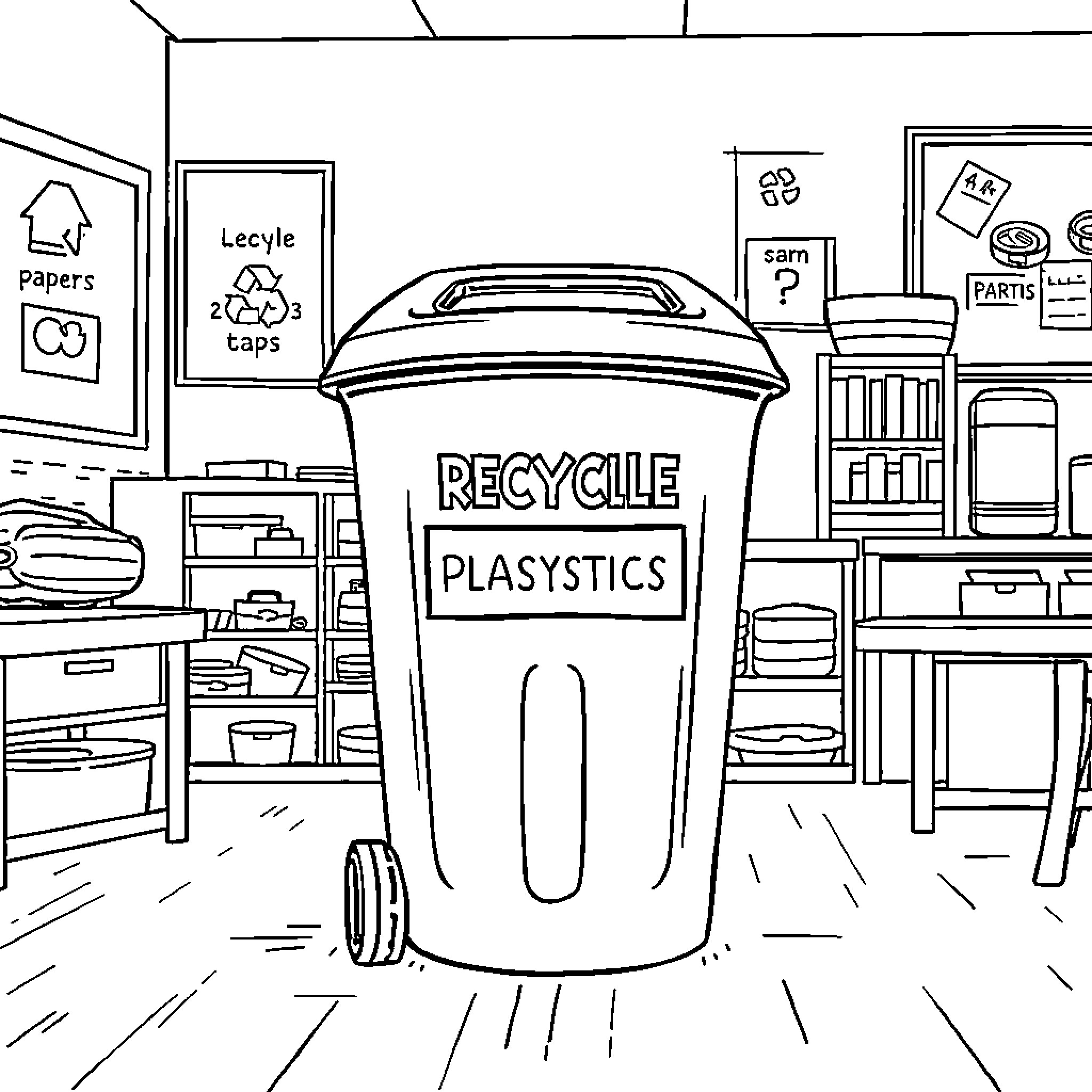 Recycling Bin for Plasystics in a Household Setting Coloring Page (free black-and-white line drawing printable PDF for all, from beginners to advanced learners, including children, teens, adults, and seniors)
