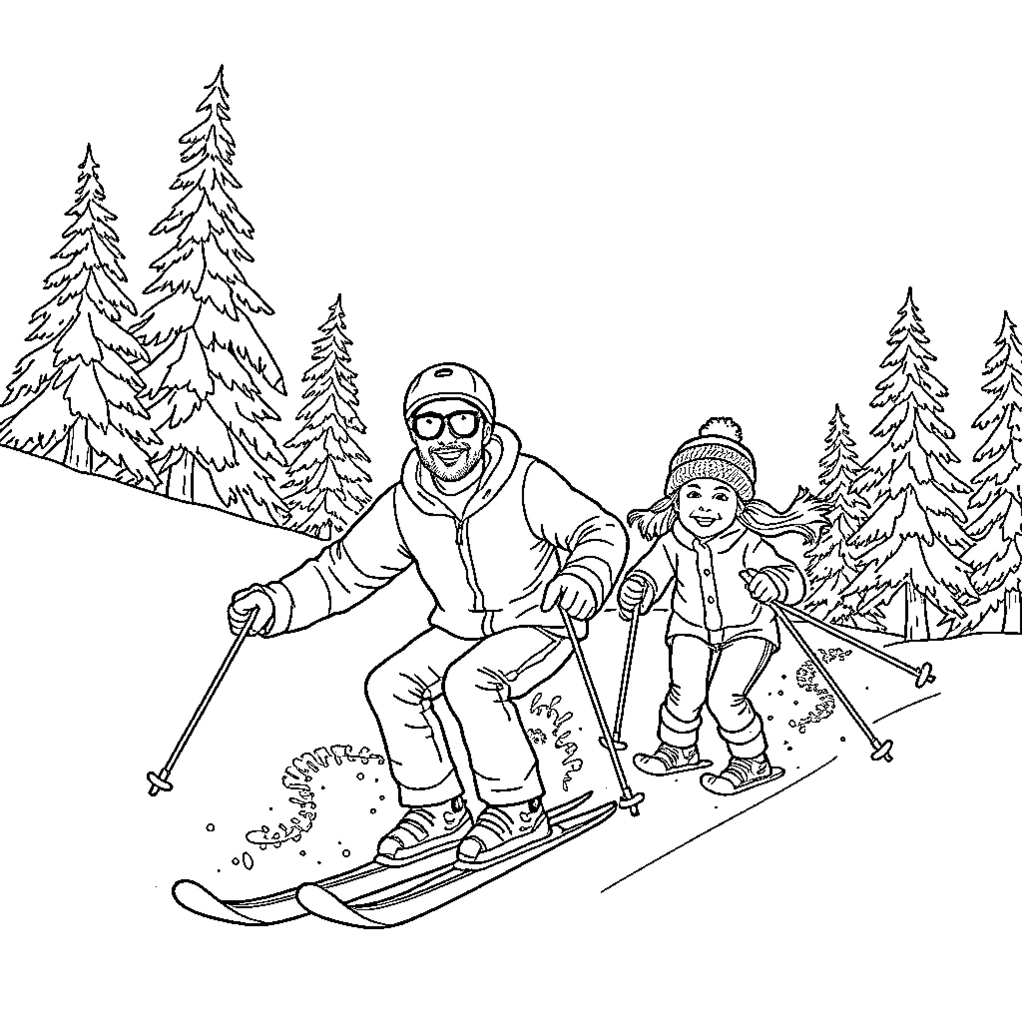 Dad and child skiing joyfully through the snowy forest Coloring Page (free black-and-white line drawing printable PDF for all, from beginners to advanced learners, including children, teens, adults, and seniors)
