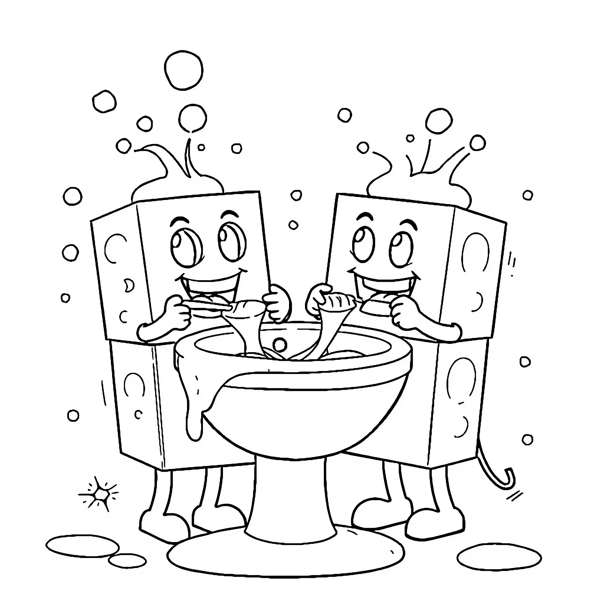 Numberblocks playing happily in the bathroom Coloring Page (free black-and-white line drawing printable PDF for all, from beginners to advanced learners, including children, teens, adults, and seniors)