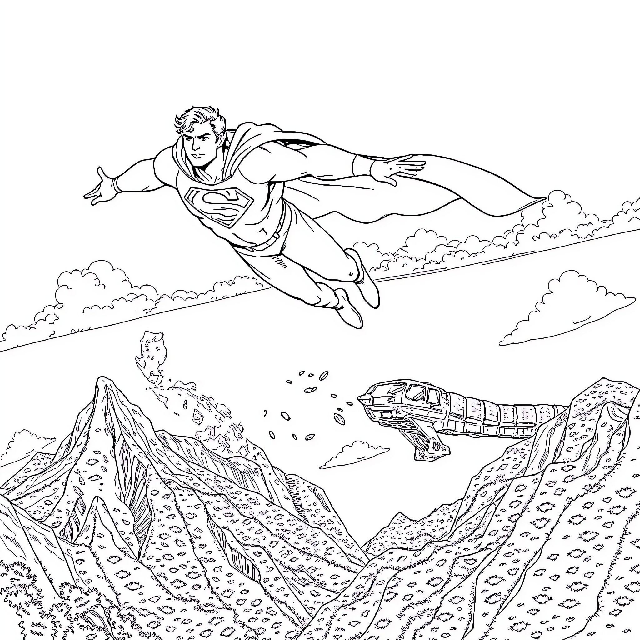 Superman soaring through the sky over rugged terrain Coloring Page (free black-and-white line drawing printable PDF for all, from beginners to advanced learners, including children, teens, adults, and seniors)