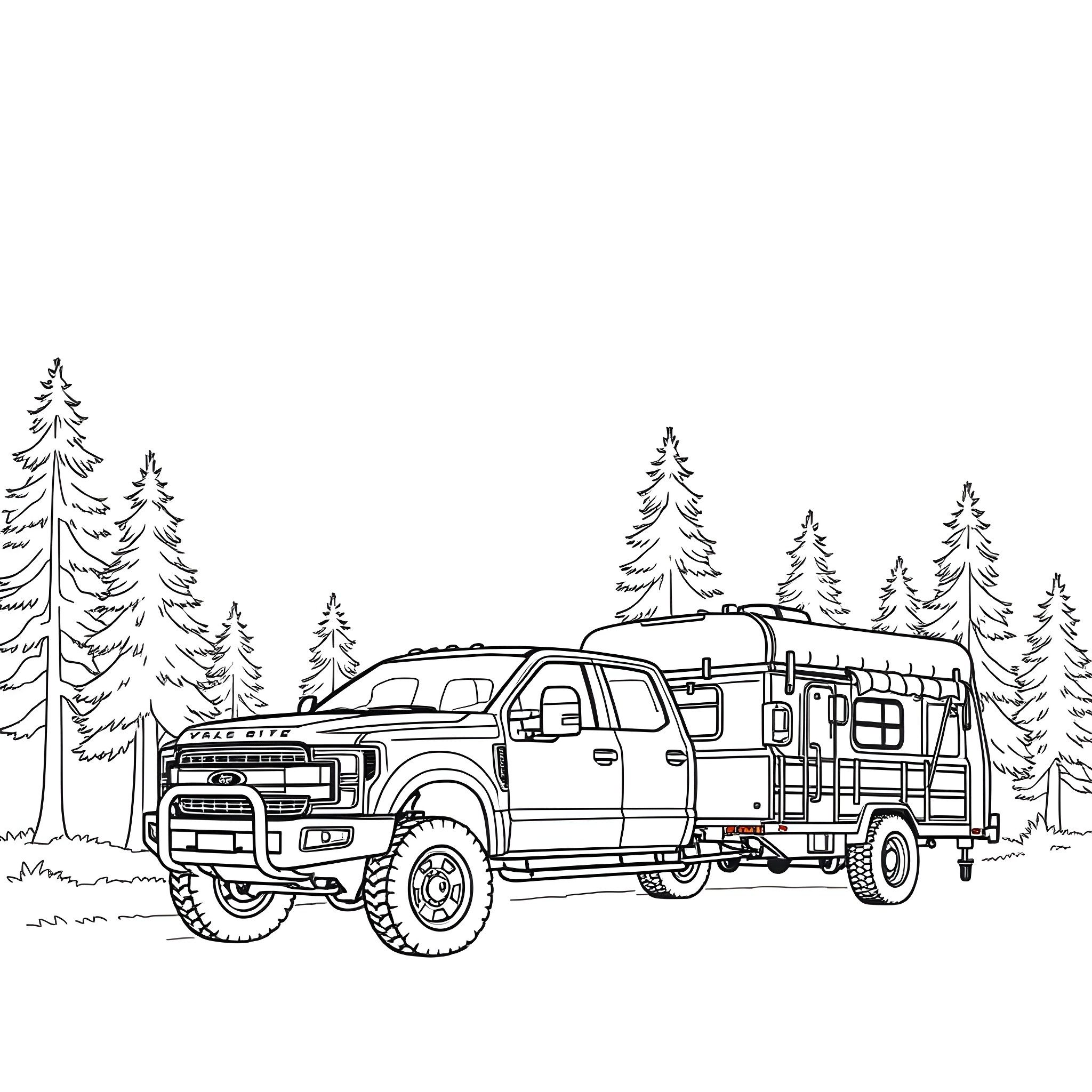 Pickup truck hauling camper trailer in forest Coloring Page (free black-and-white line drawing printable PDF for all, from beginners to advanced learners, including children, teens, adults, and seniors)