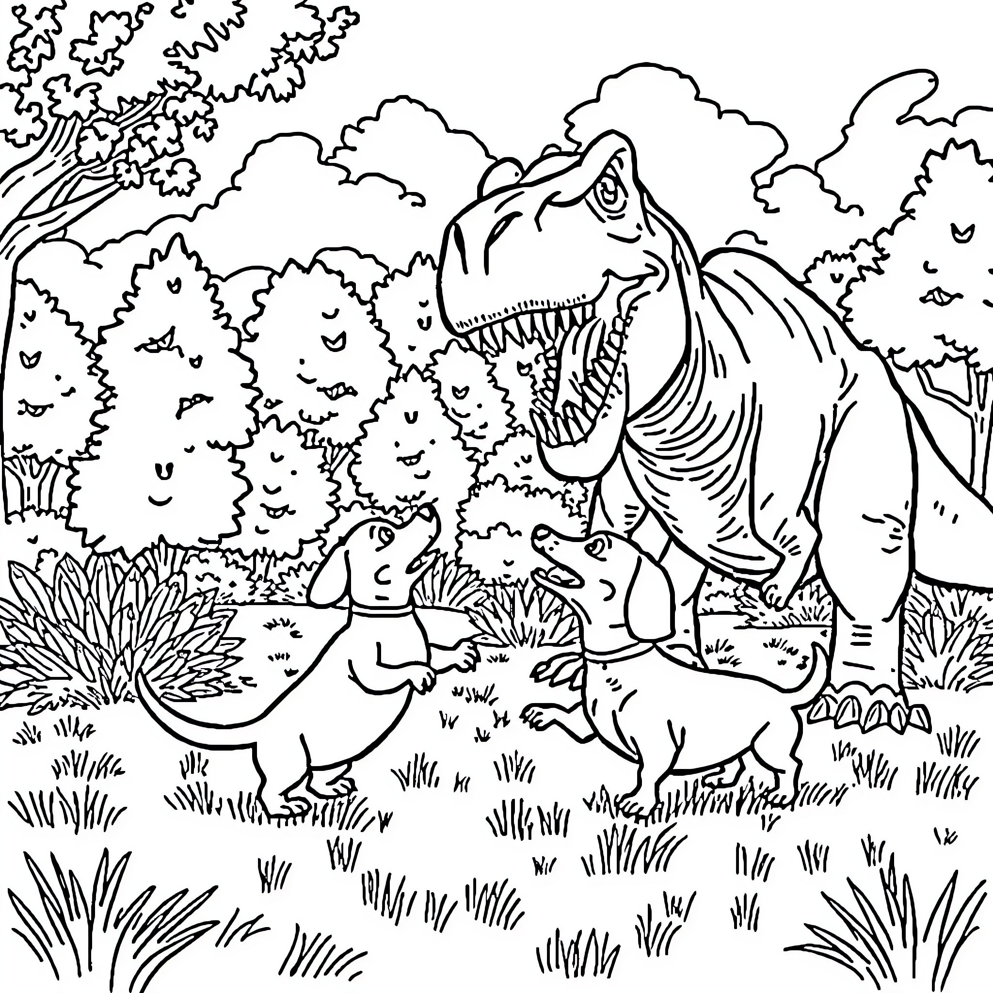 Dachshund playing with dinosaur in the wilderness Coloring Page (free black-and-white line drawing printable PDF for all, from beginners to advanced learners, including children, teens, adults, and seniors)