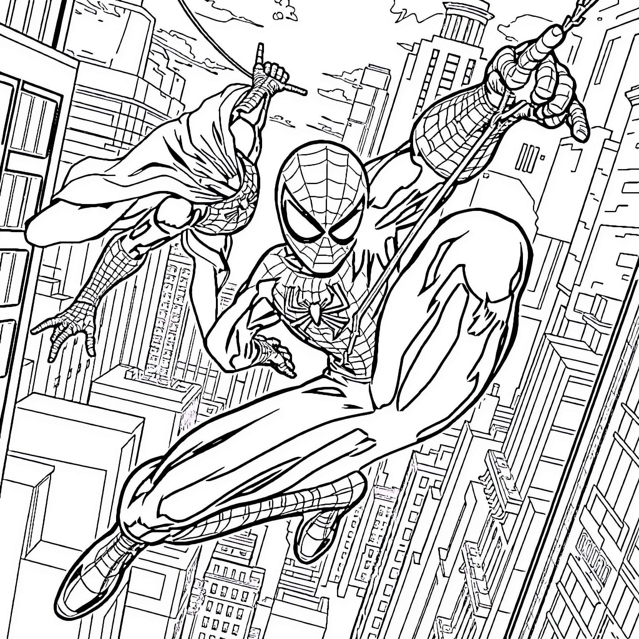 Spider-Man saving the city from crime Coloring Page (free black-and-white line drawing printable PDF for all, from beginners to advanced learners, including children, teens, adults, and seniors)
