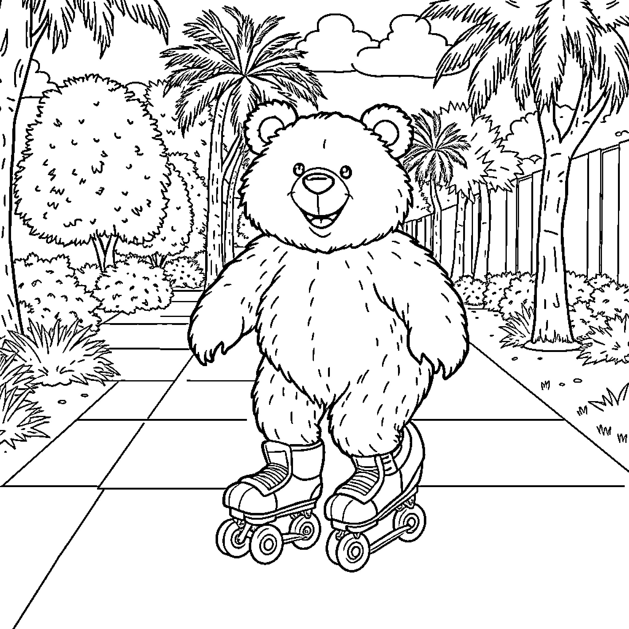 Bear on Roller Skates in the Tropical Jungle Coloring Page (free black-and-white line drawing printable PDF for all, from beginners to advanced learners, including children, teens, adults, and seniors)