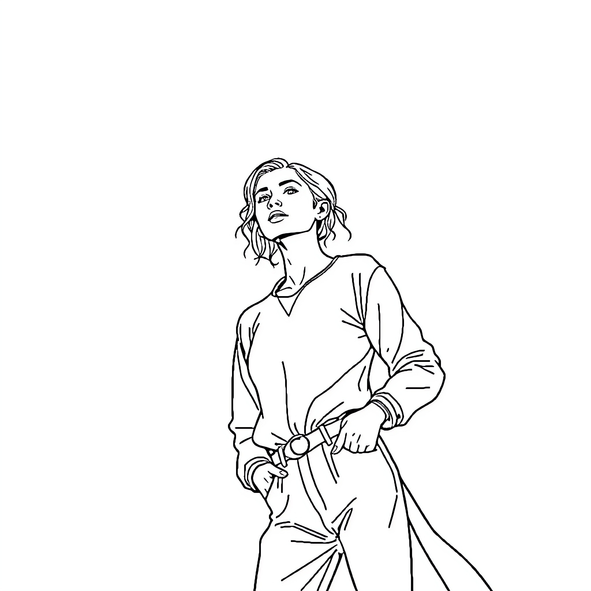 Person in casual clothing with thoughtful expression Coloring Page (free black-and-white line drawing printable PDF for all, from beginners to advanced learners, including children, teens, adults, and seniors)
