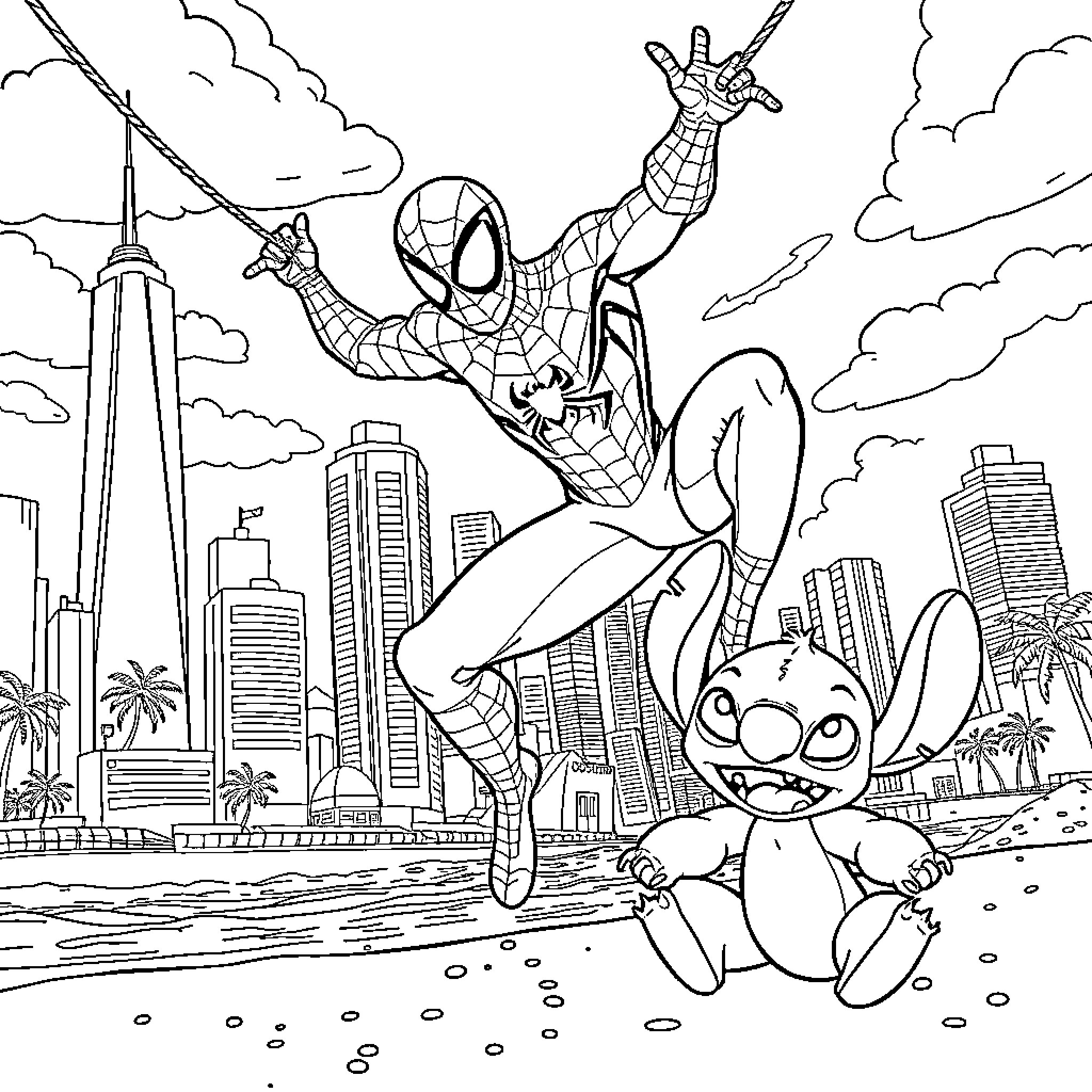 Spiderman swinging through the city with Stitch Coloring Page (free black-and-white line drawing printable PDF for all, from beginners to advanced learners, including children, teens, adults, and seniors)
