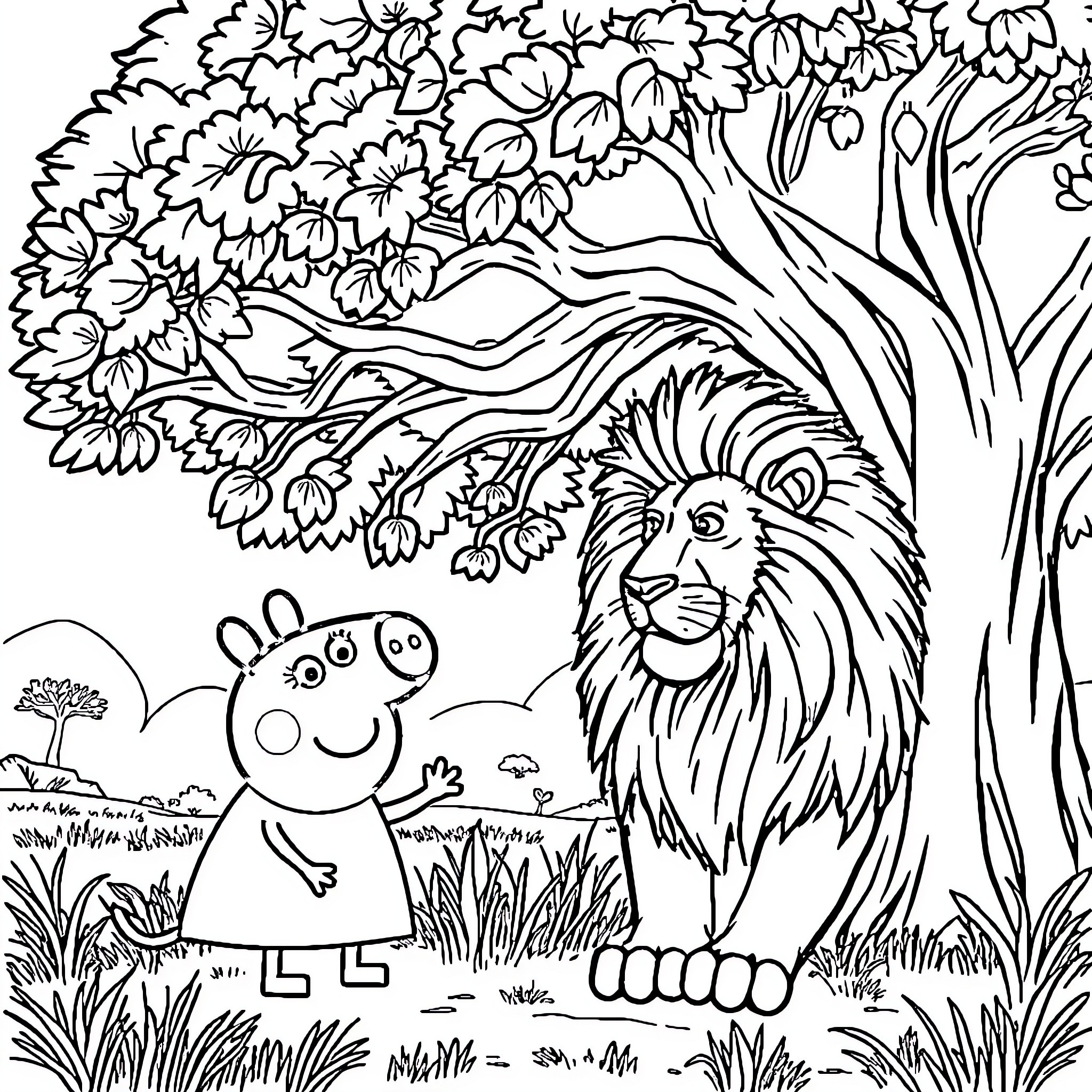 Lion observing a curious character in a lush forest Coloring Page (free black-and-white line drawing printable PDF for all, from beginners to advanced learners, including children, teens, adults, and seniors)