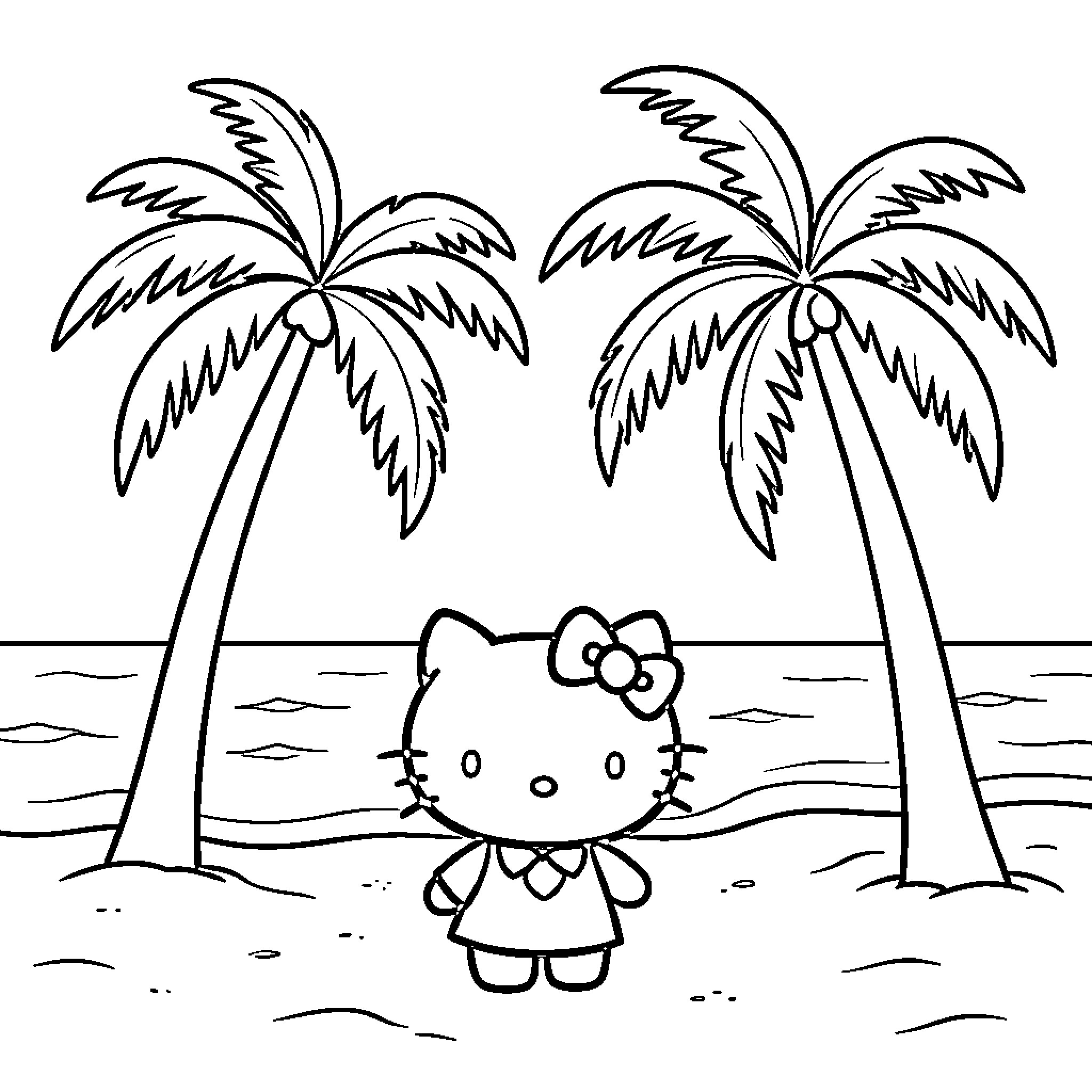Hello Kitty enjoying a tropical beach scene Coloring Page (free black-and-white line drawing printable PDF for all, from beginners to advanced learners, including children, teens, adults, and seniors)