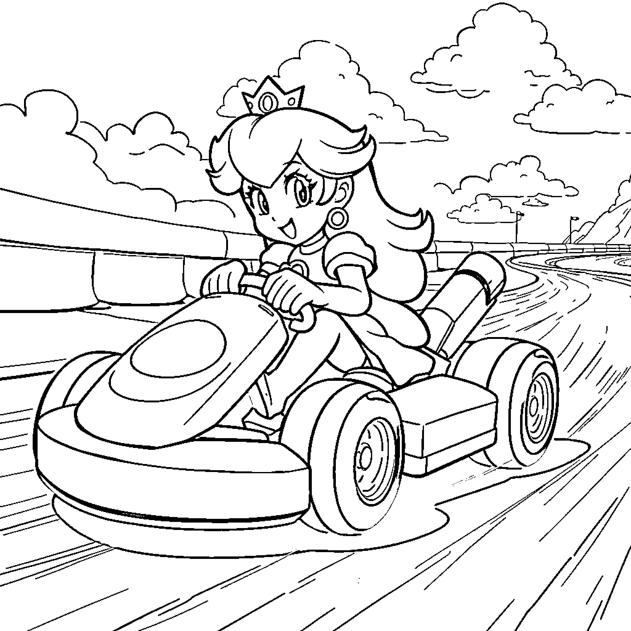 Princess Riding a Speedy Kart through Winding Roads Coloring Page (free black-and-white line drawing printable PDF for all, from beginners to advanced learners, including children, teens, adults, and seniors)