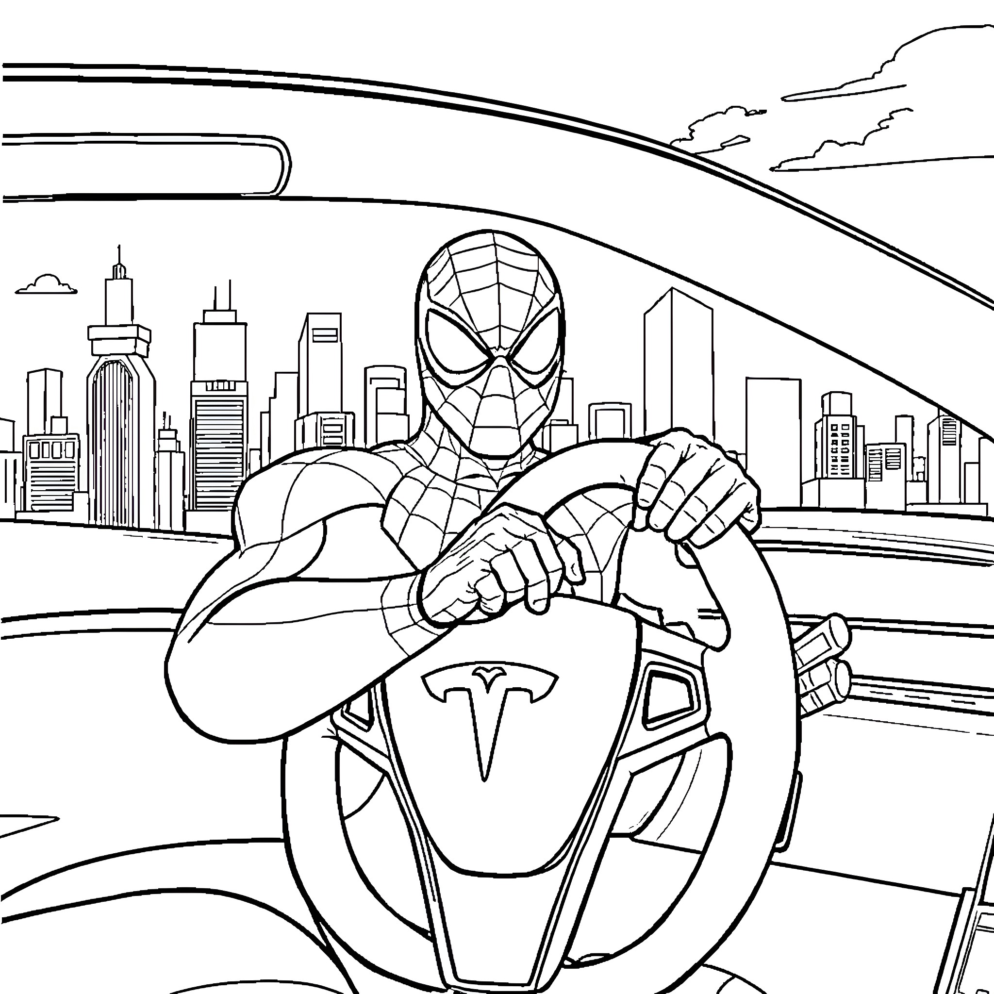 Spider-Man swinging through the city Coloring Page (free black-and-white line drawing printable PDF for all, from beginners to advanced learners, including children, teens, adults, and seniors)