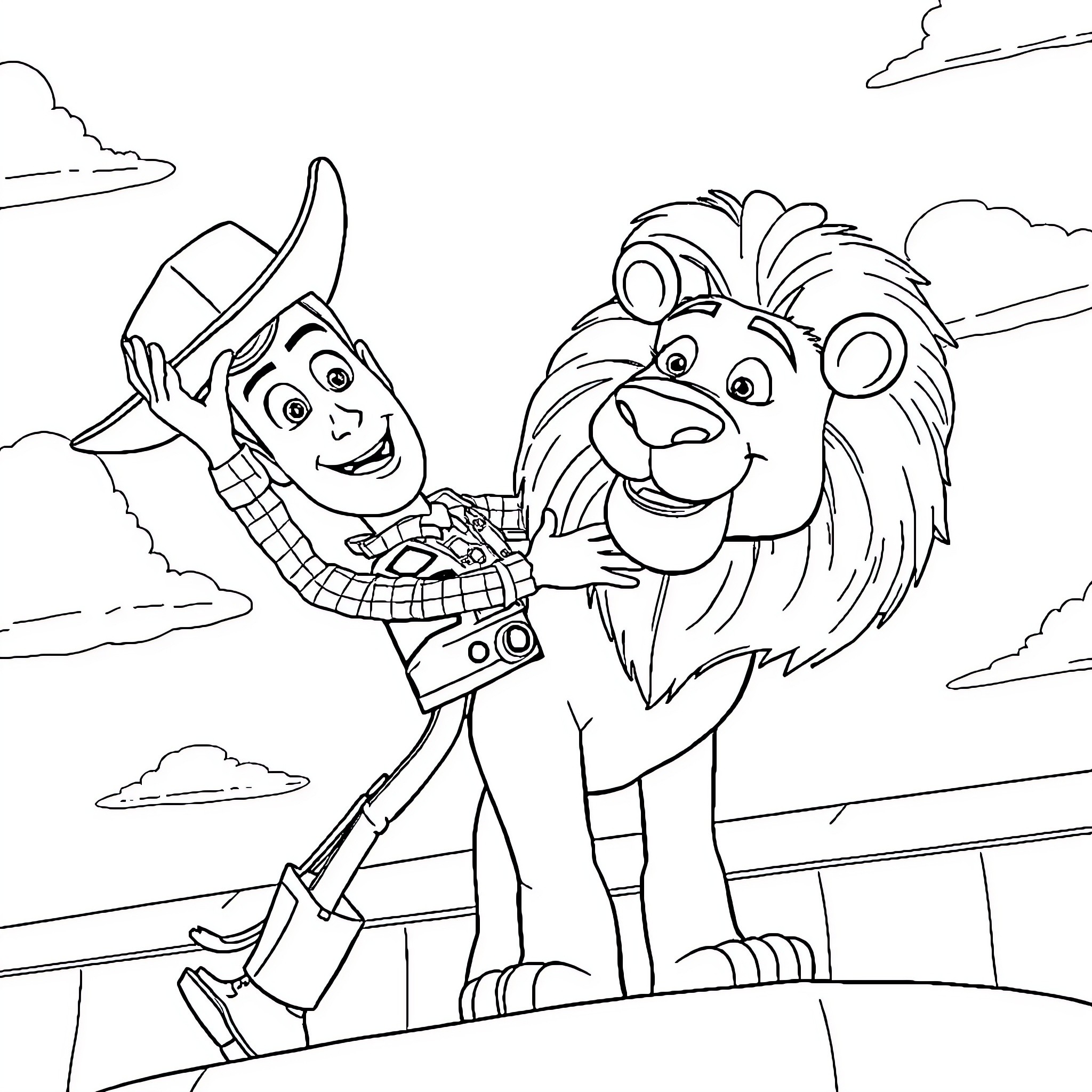 Woody and a Friendly Lion in Cartoon Adventure Coloring Page (free black-and-white line drawing printable PDF for all, from beginners to advanced learners, including children, teens, adults, and seniors)