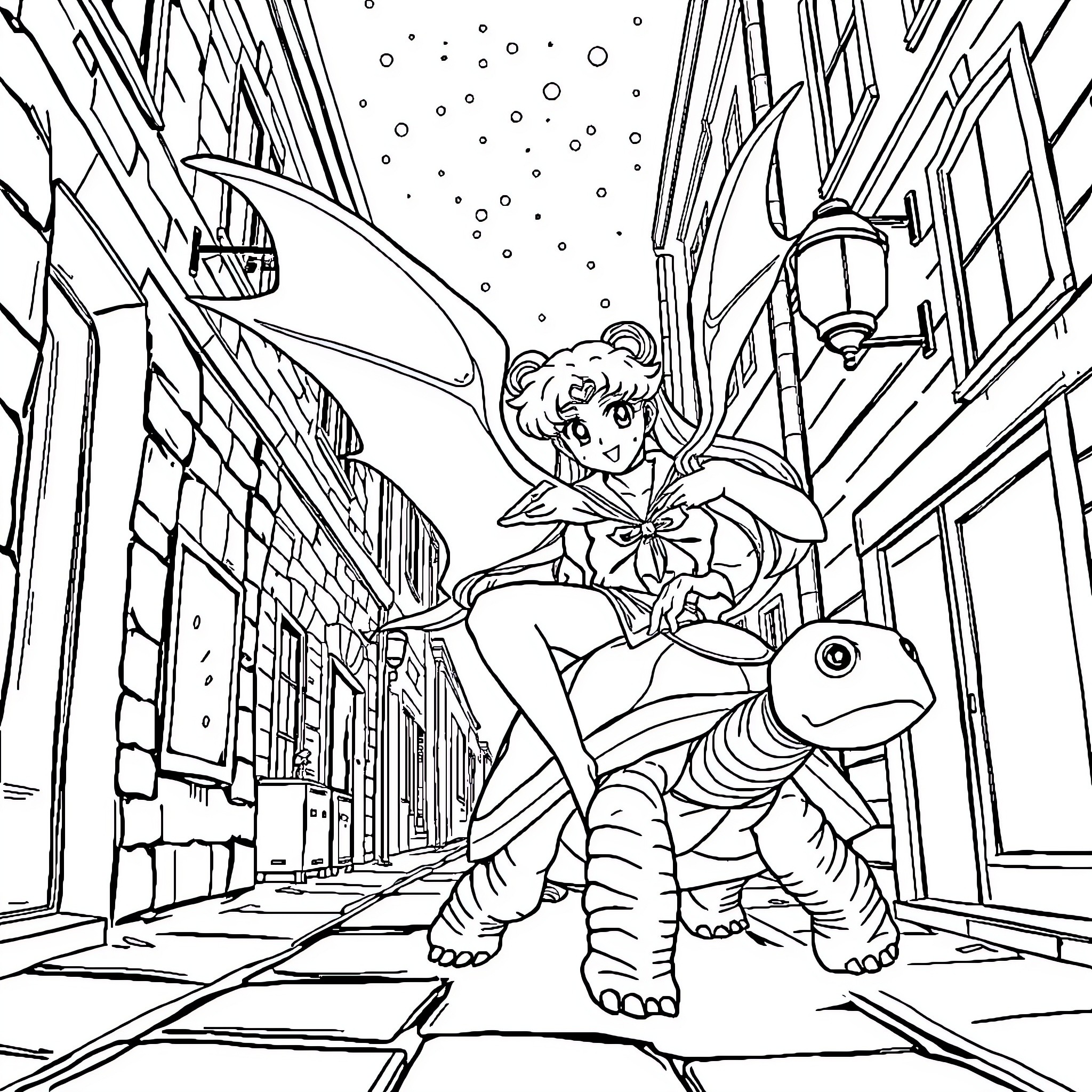 Sailor Moon Riding a Giant Turtle Down a City Street Coloring Page (free black-and-white line drawing printable PDF for all, from beginners to advanced learners, including children, teens, adults, and seniors)