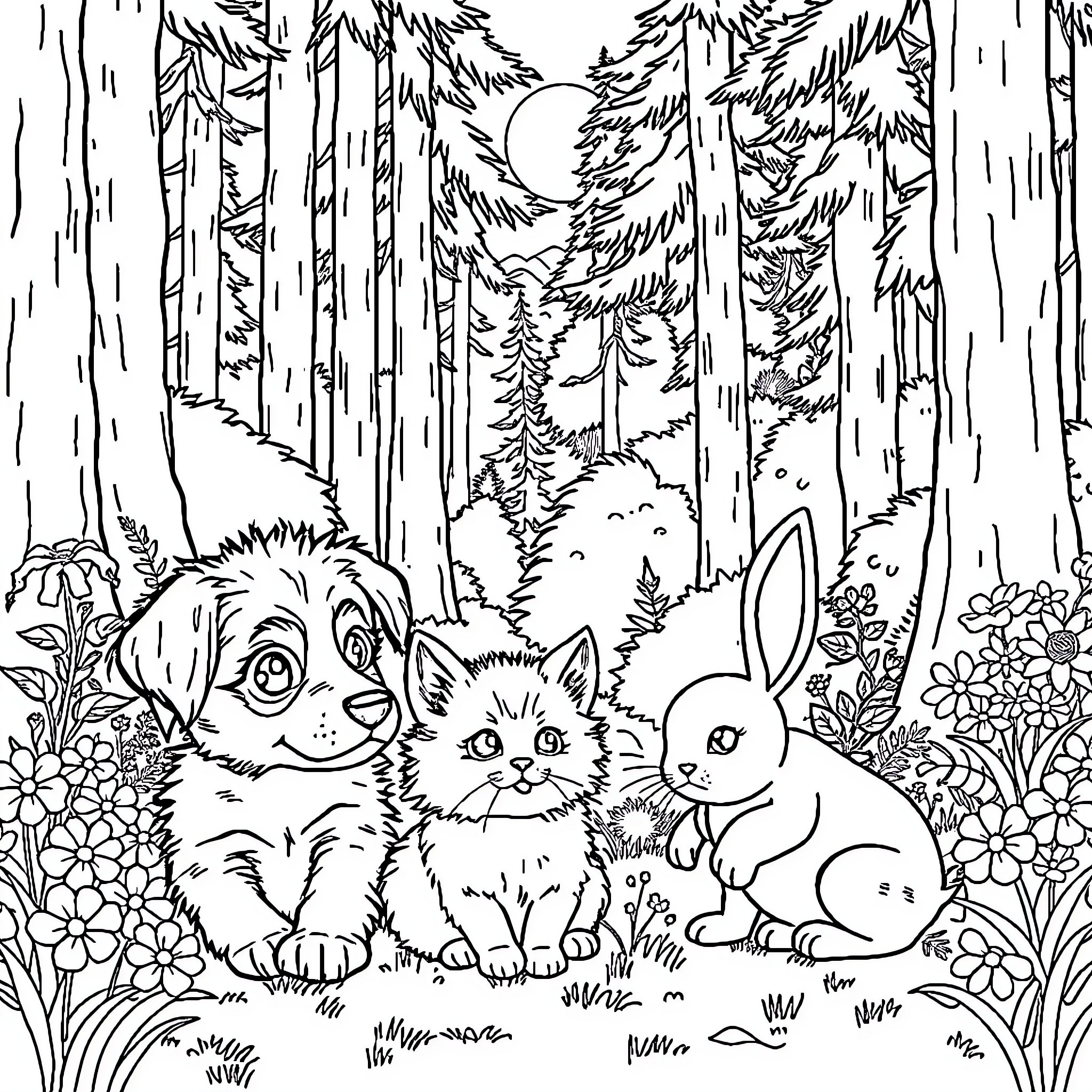 Puppy and Kittens Playing in the Forest Coloring Page (free black-and-white line drawing printable PDF for all, from beginners to advanced learners, including children, teens, adults, and seniors)