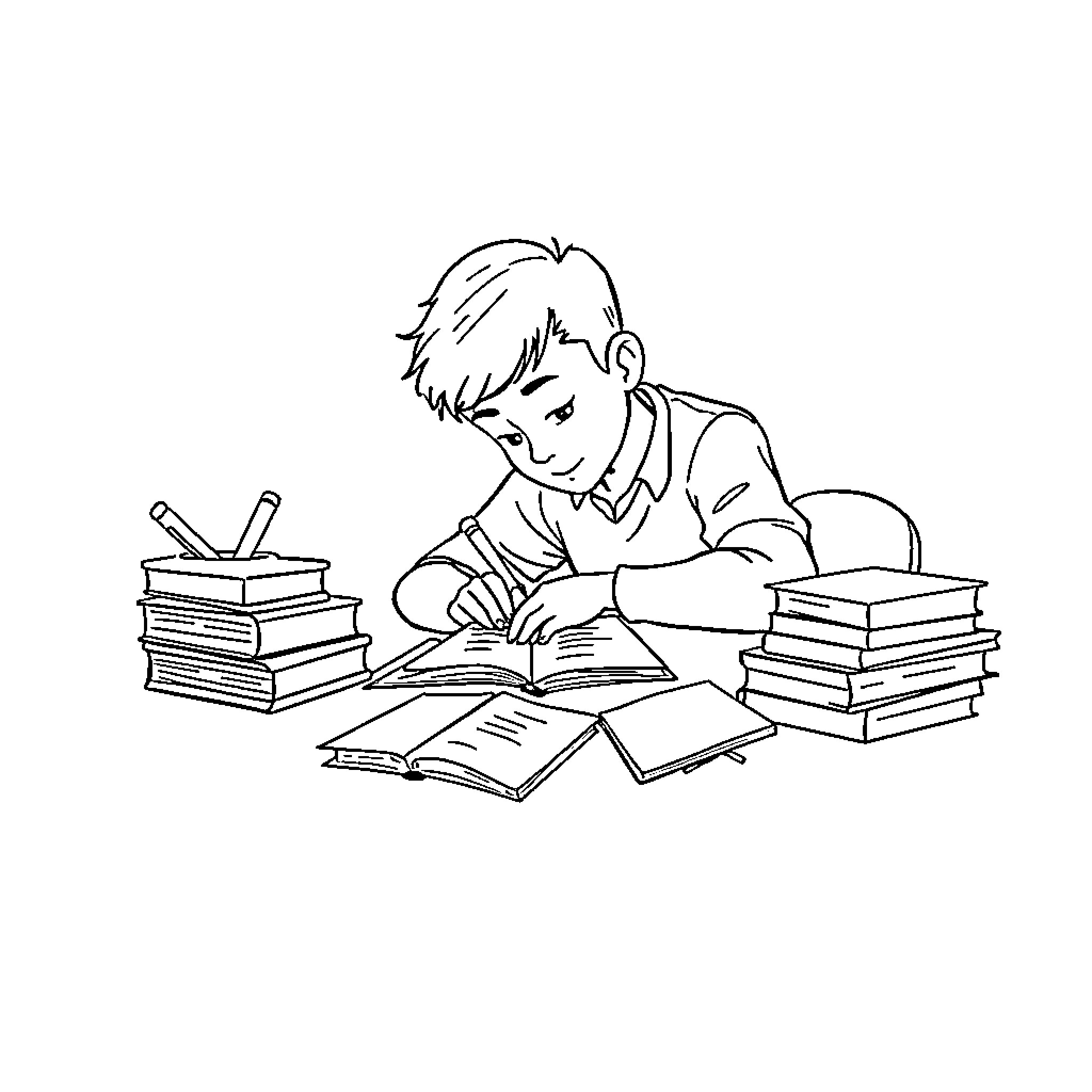 Student Studying Diligently at Desk with Books Coloring Page (free black-and-white line drawing printable PDF for all, from beginners to advanced learners, including children, teens, adults, and seniors)